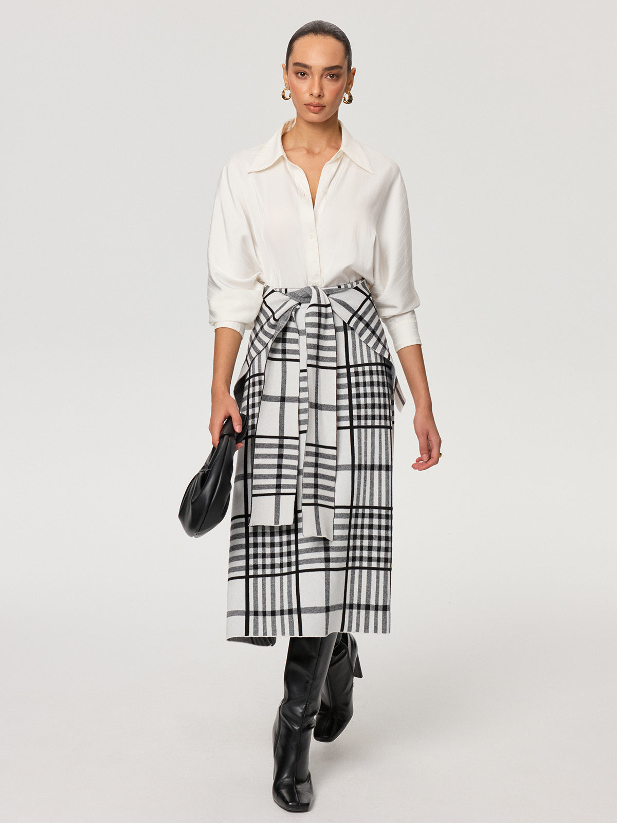 Plaid Wool Blend Midi Skirt with Apron Belt for Women