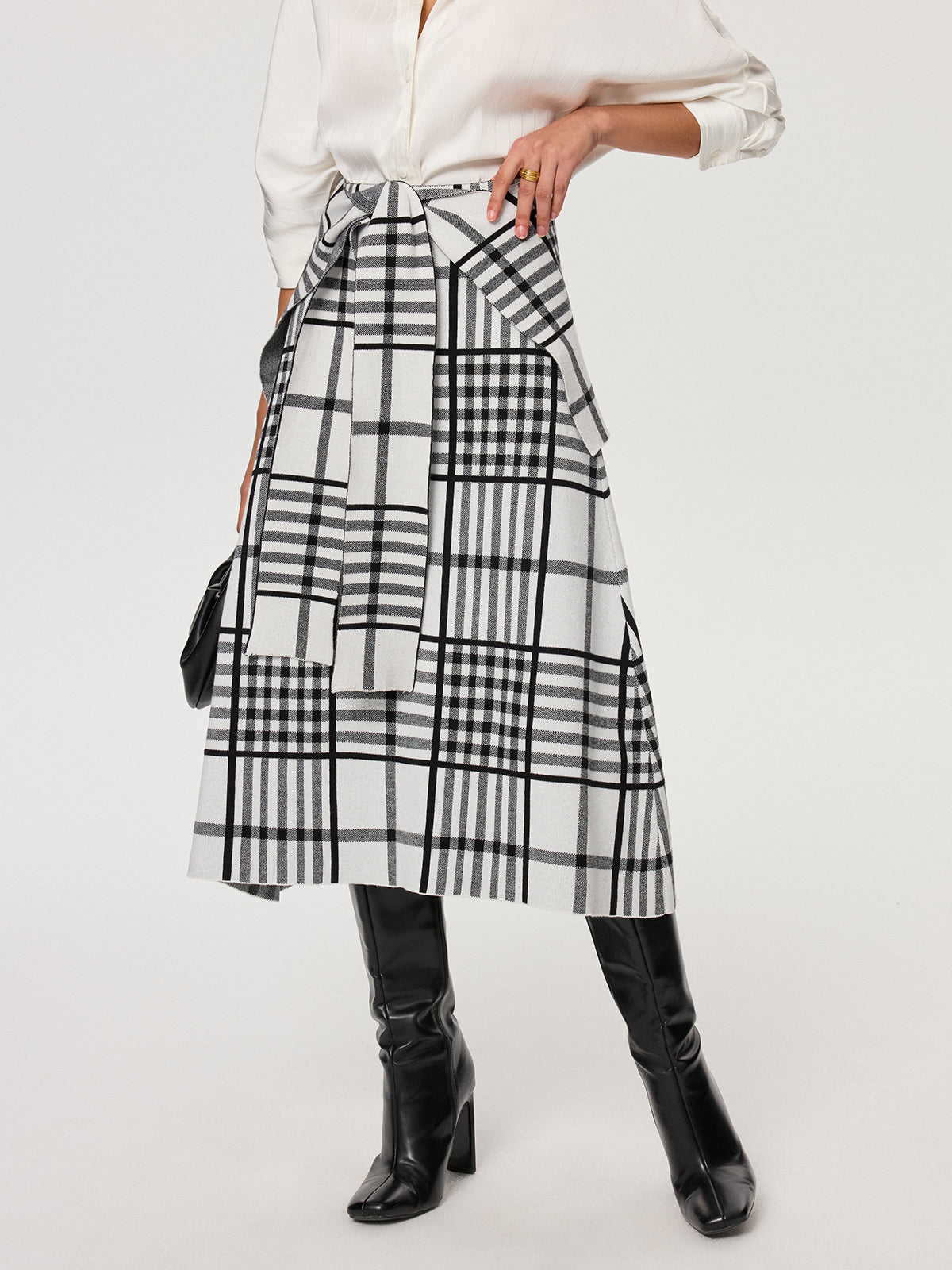 Plaid Wool Blend Midi Skirt with Apron Belt for Women
