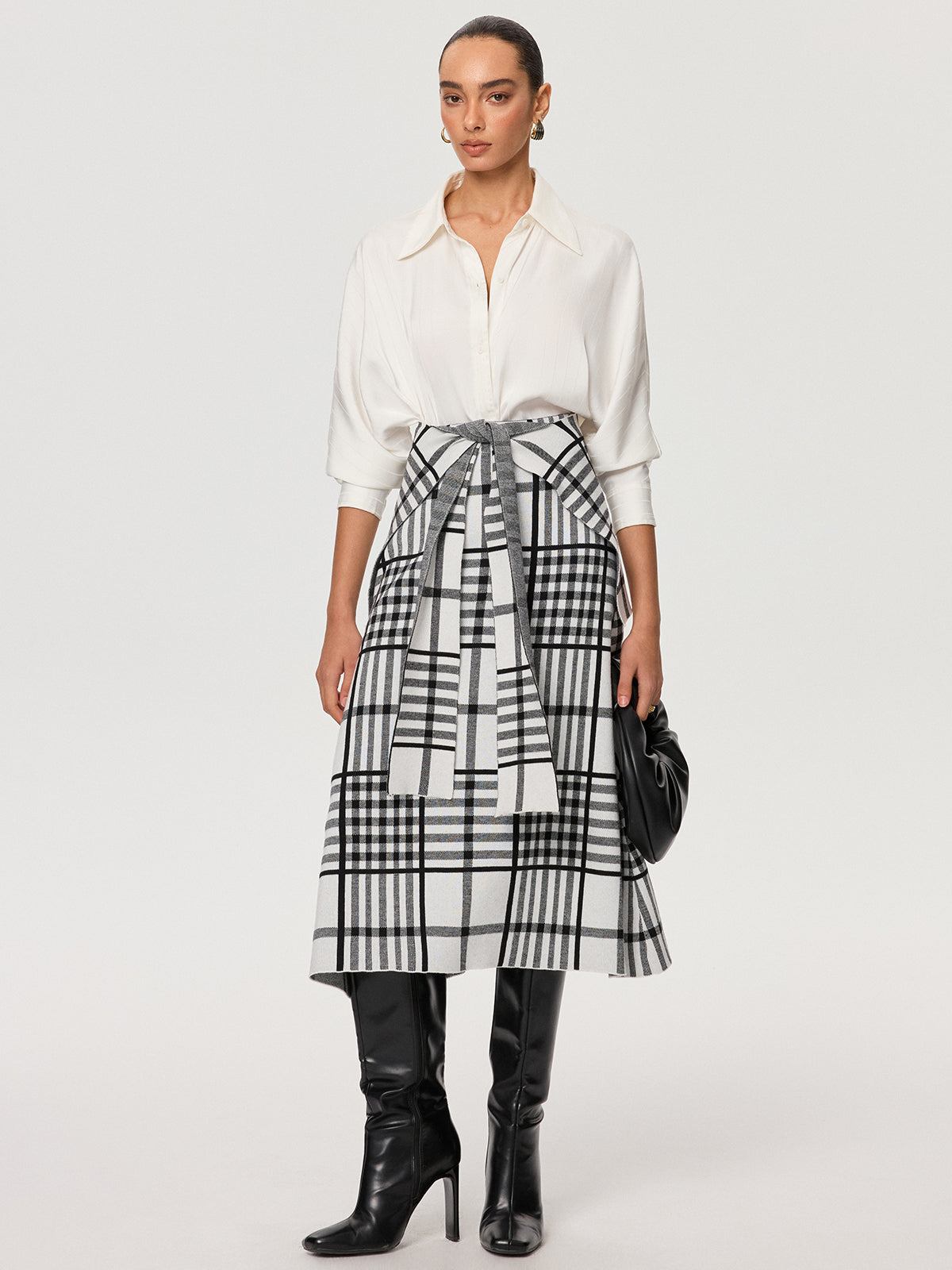 Plaid Wool Blend Midi Skirt with Apron Belt for Women