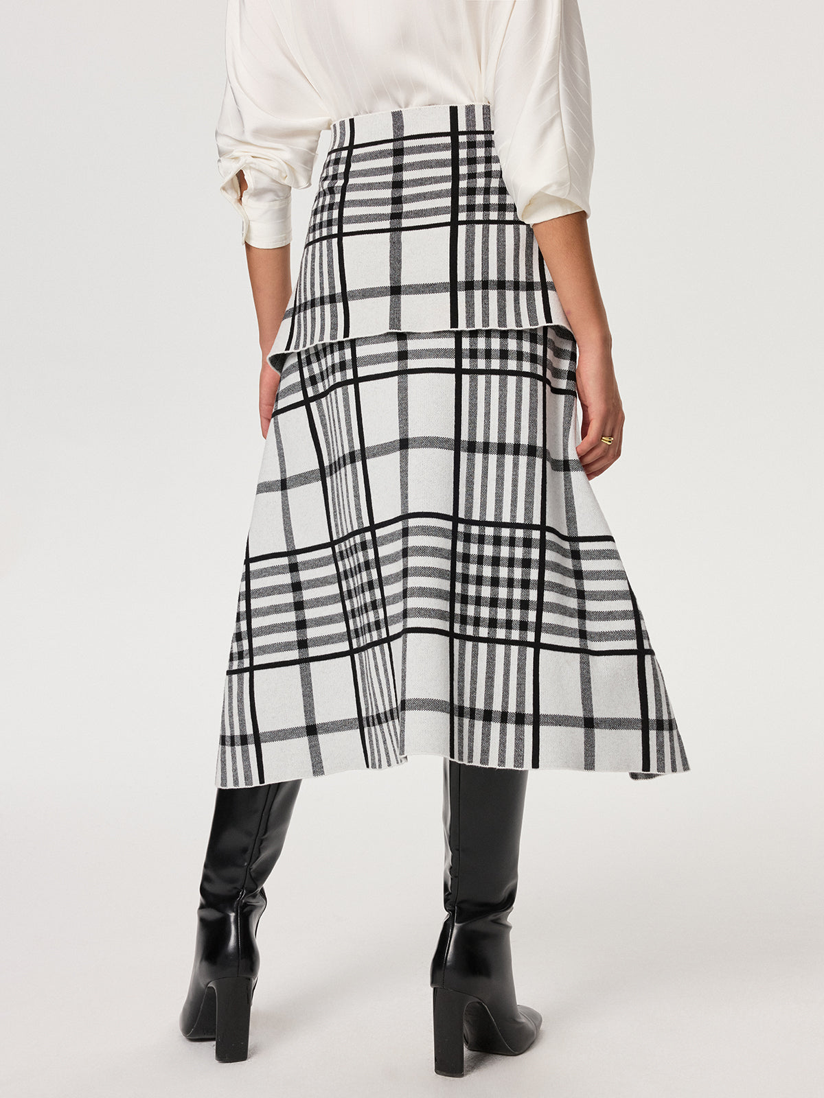 Plaid Wool Blend Midi Skirt with Apron Belt for Women
