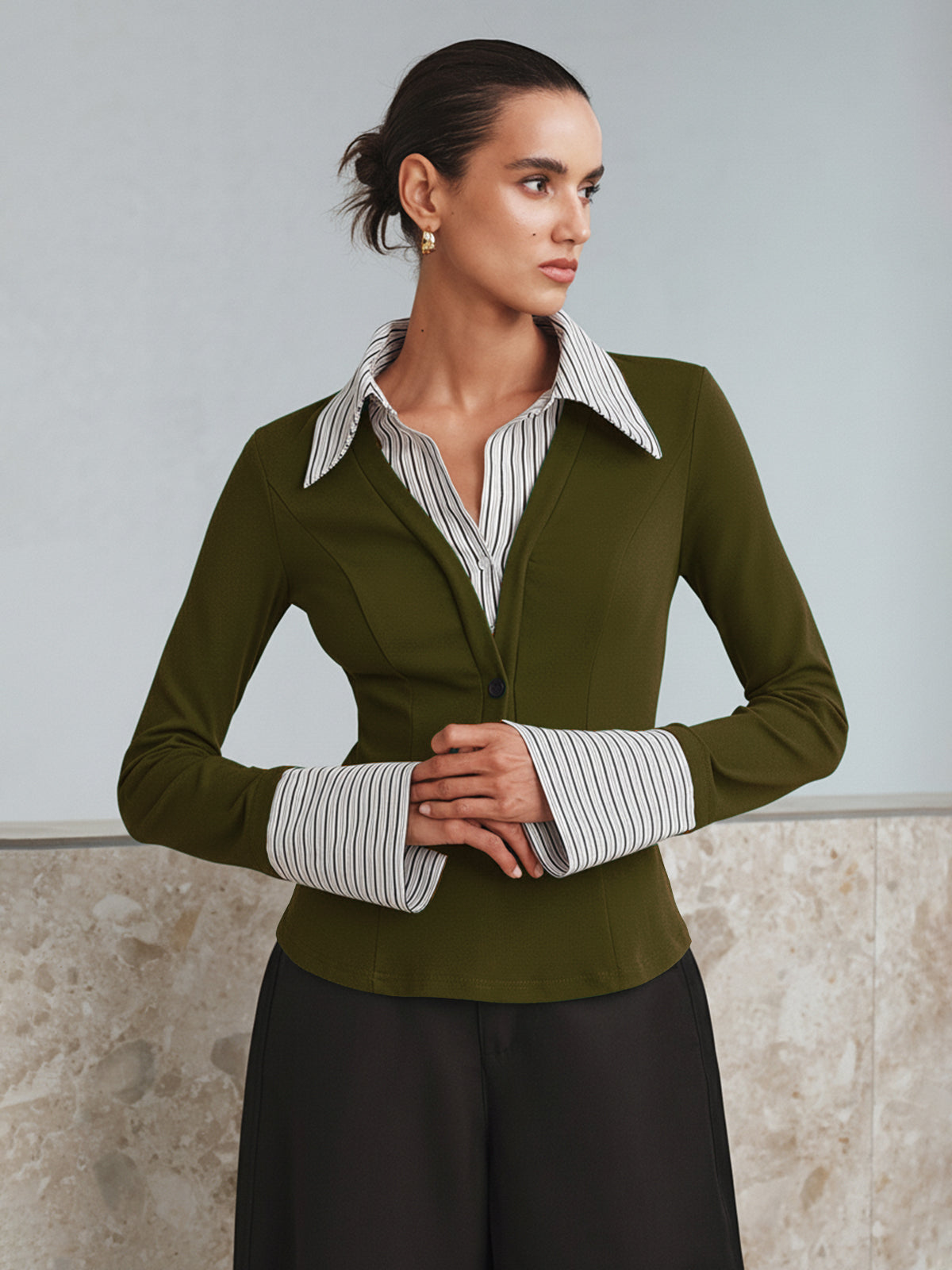Mock Two-Piece Long-Sleeve Two Tone Polo Top for Casual Wear