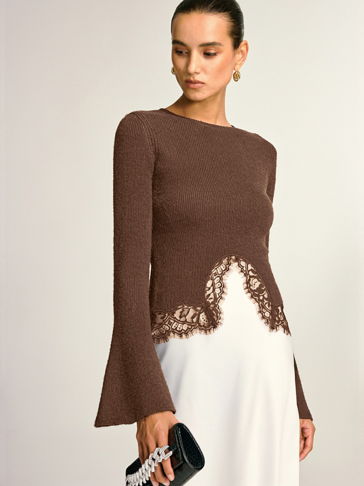 Lace Hem Bell Sleeve Wool Blend Knit Top for Women, Elegant Casual Style