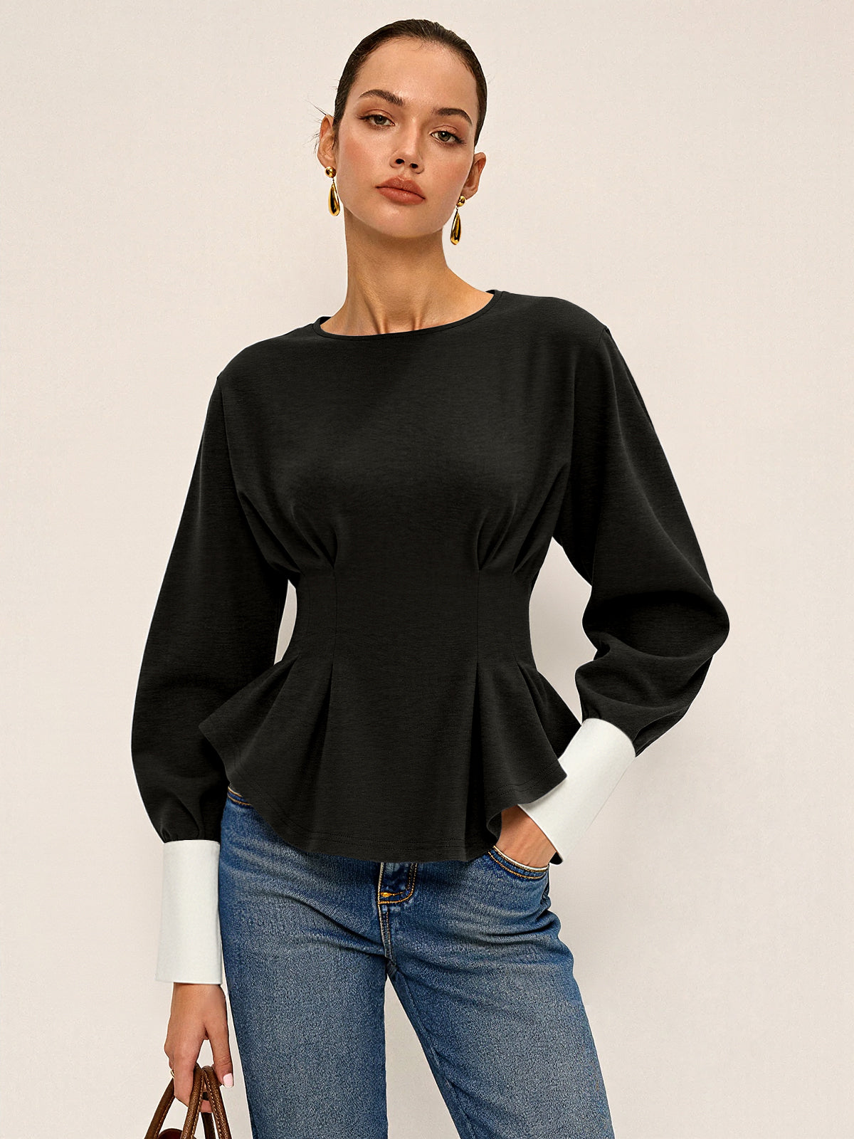 Round Neck Balloon Sleeve Peplum Sweatshirt with Ribbed Cuffs and Hem