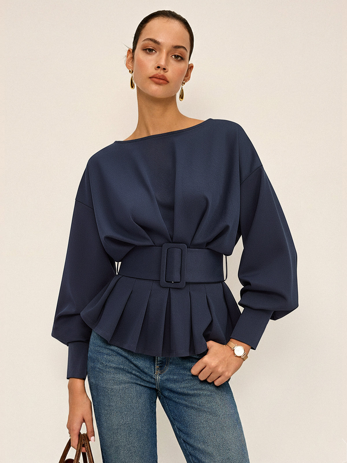 Boat Neck Peplum Sweatshirt with Wide Belt Stylish Comfort Fit