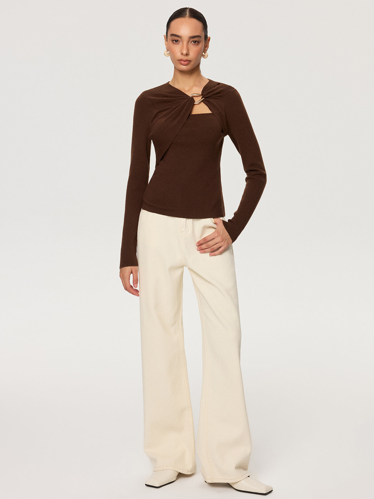 Metal Ring Detail Long Sleeve Knit Top with Crew Neckline