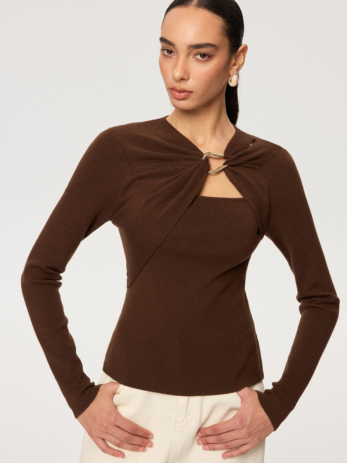 Metal Ring Detail Long Sleeve Knit Top with Crew Neckline