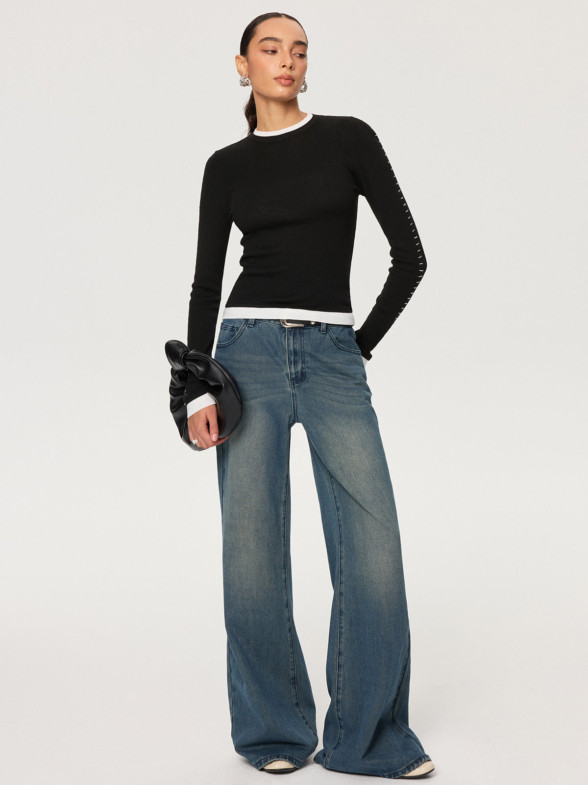 Contrast Stitch Wool-Blend Knit Top Perfect for Layering
