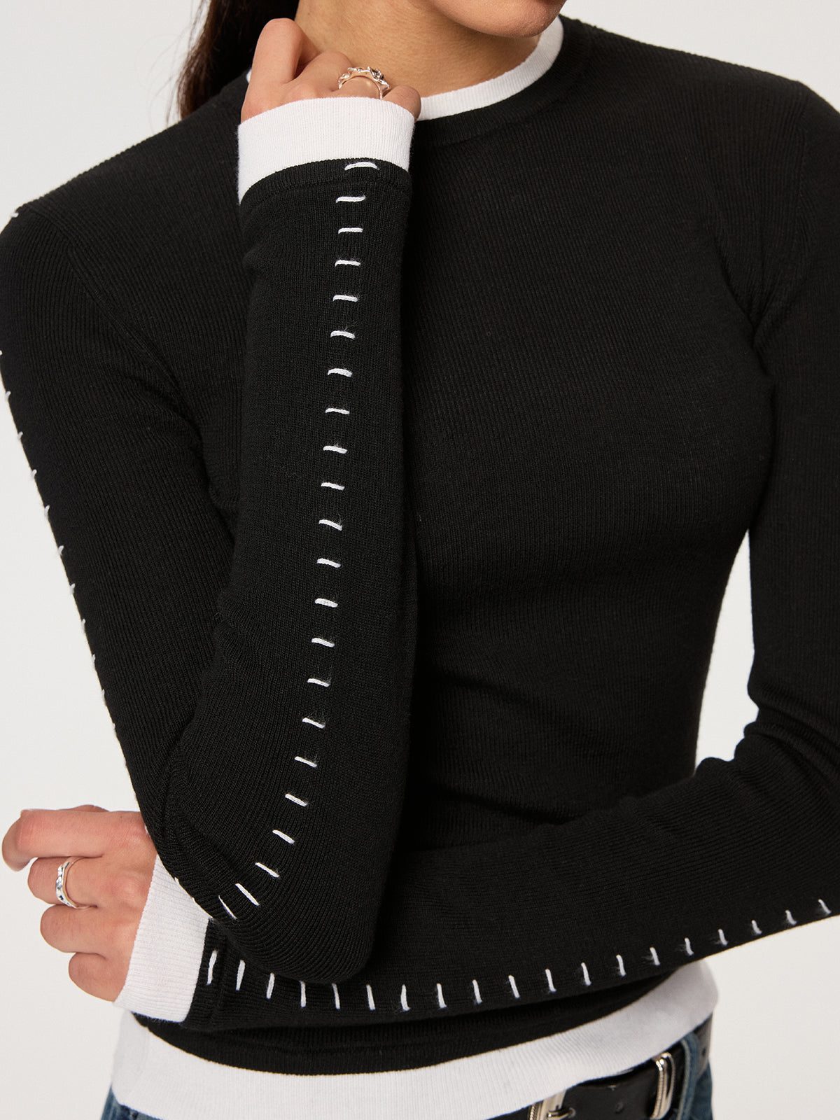 Contrast Stitch Wool-Blend Knit Top Perfect for Layering