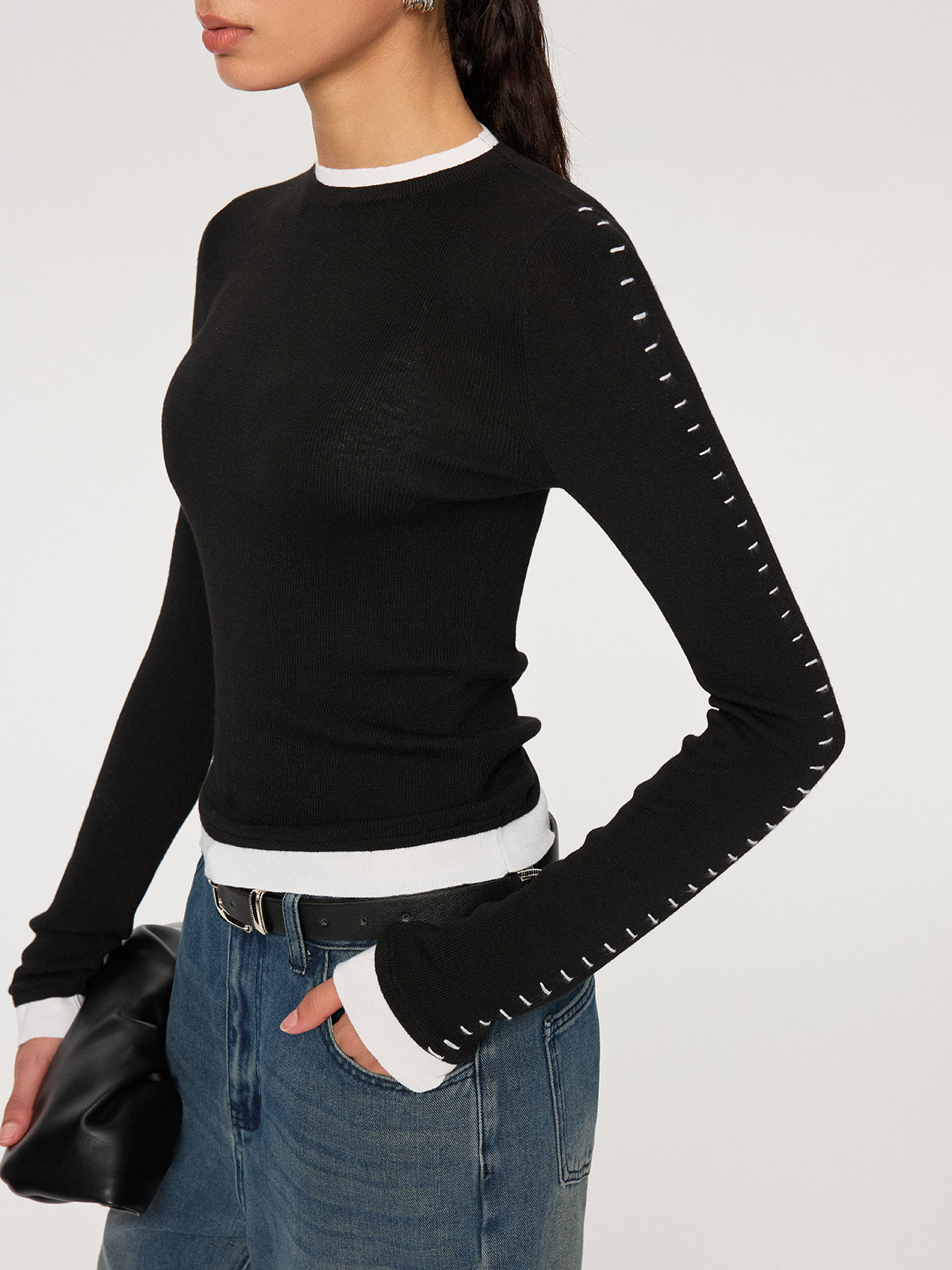 Contrast Stitch Wool-Blend Knit Top Perfect for Layering