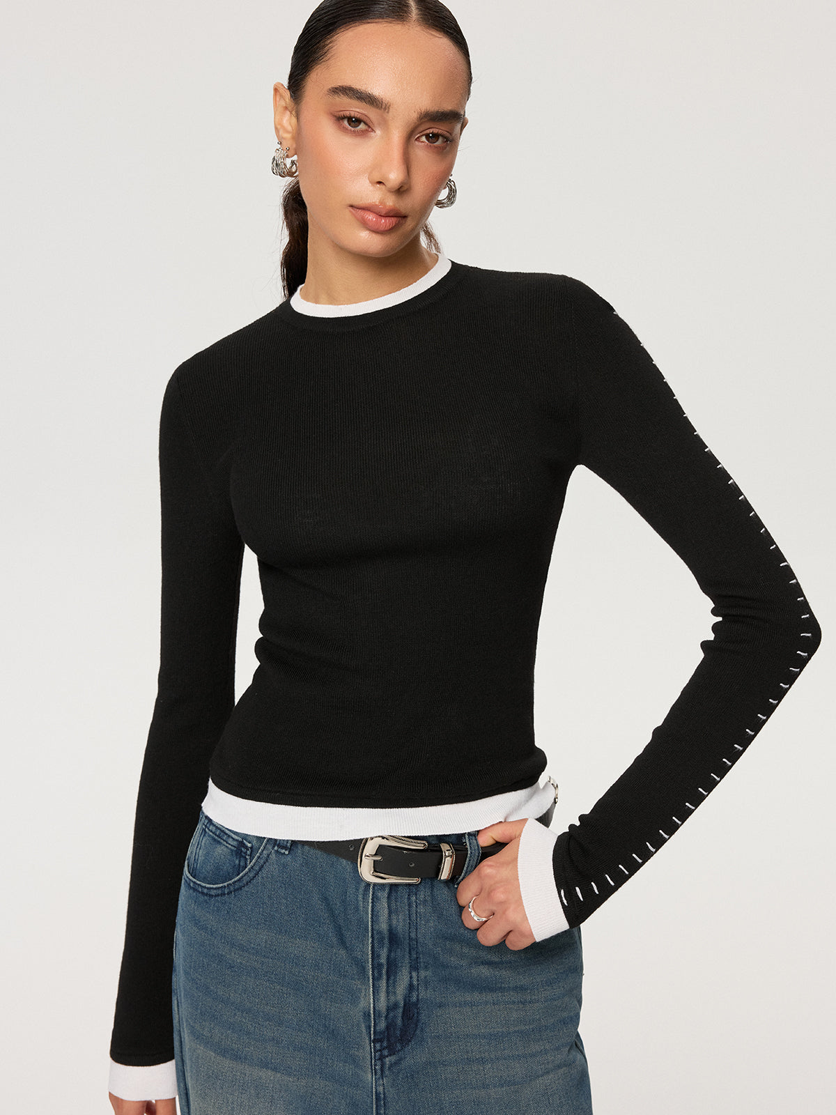 Contrast Stitch Wool-Blend Knit Top Perfect for Layering