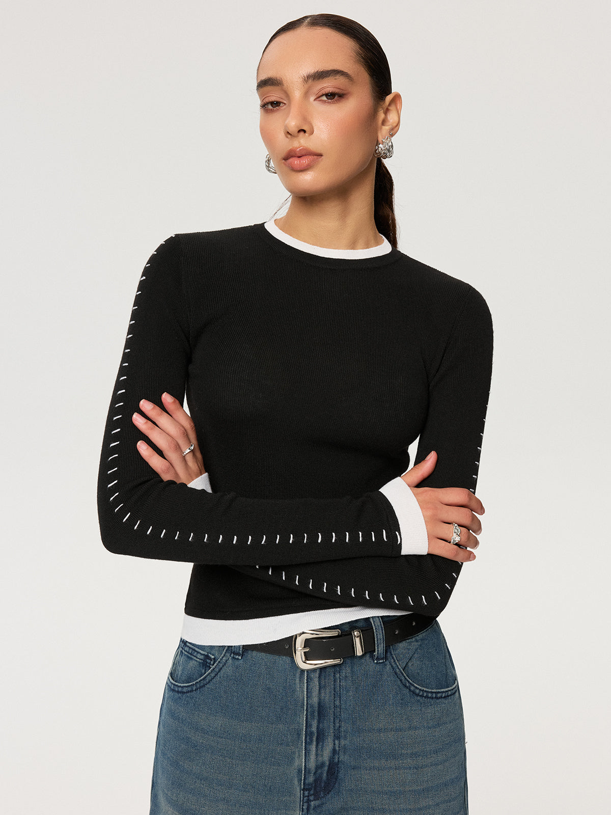 Contrast Stitch Wool-Blend Knit Top Perfect for Layering