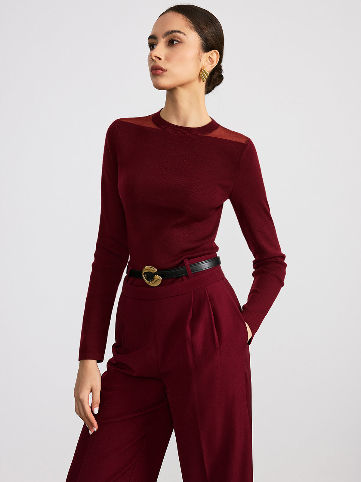 Sheer Paneled Wool Blend Knit Top Lightweight Designer Fashion