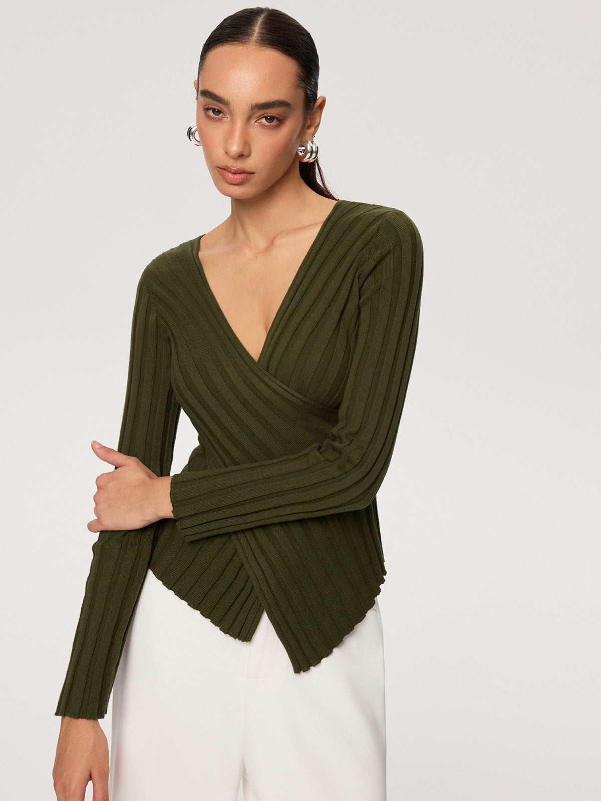 Cross-Over V-Neck Fitted Ribbed Knit Top for Women, Casual and Stylish