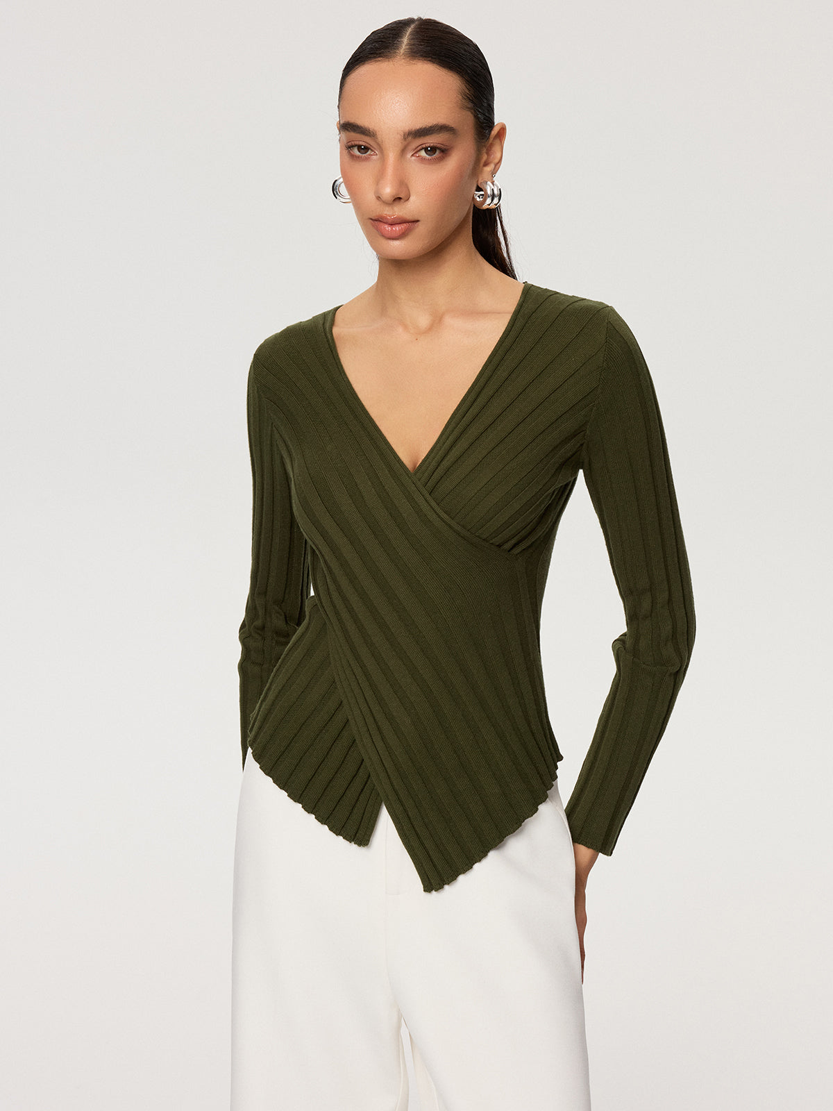 Cross-Over V-Neck Fitted Ribbed Knit Top for Women, Casual and Stylish