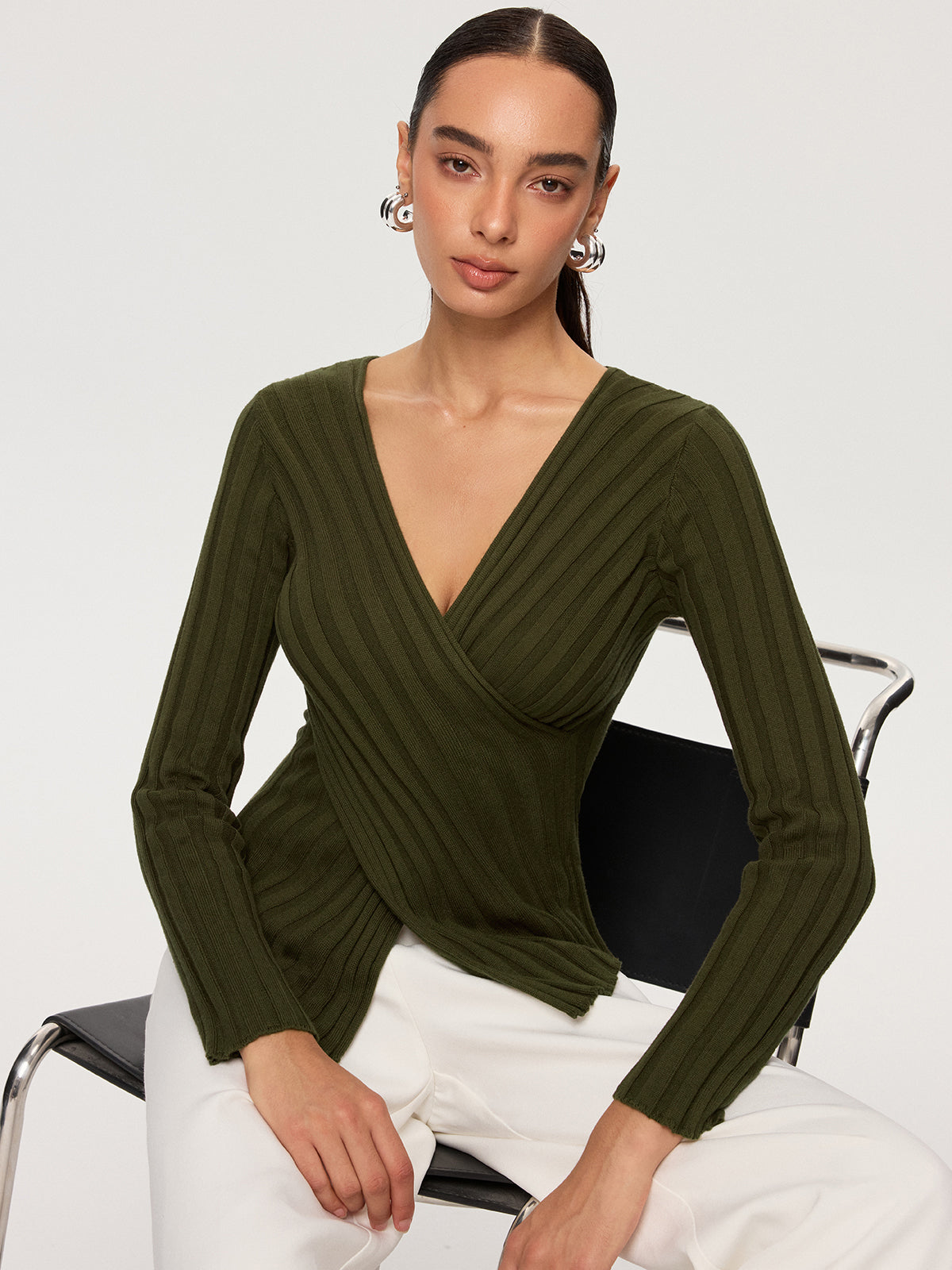 Cross-Over V-Neck Fitted Ribbed Knit Top for Women, Casual and Stylish