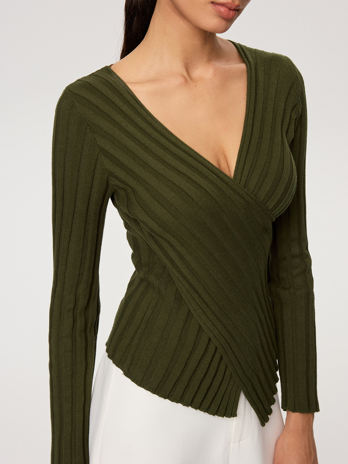 Cross-Over V-Neck Fitted Ribbed Knit Top for Women, Casual and Stylish