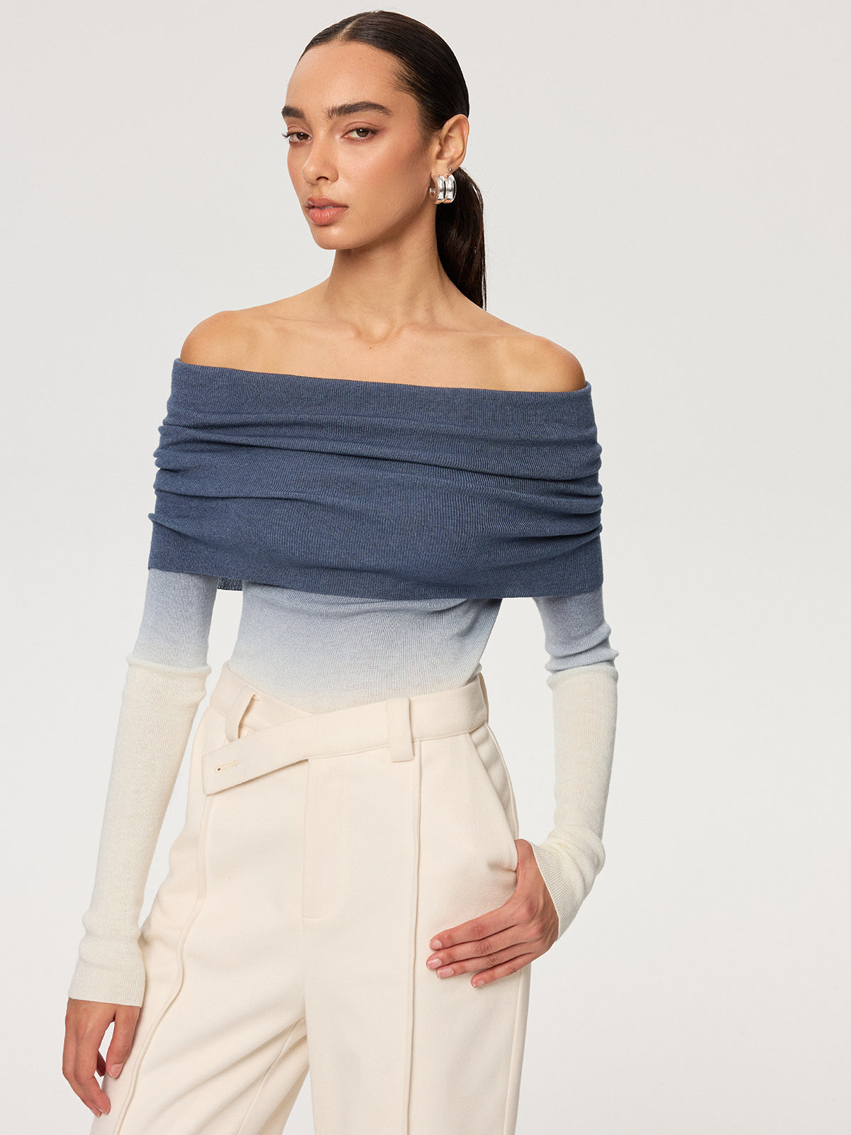 Off-Shoulder Ombre Wool Blend Knit Top for Women, Stylish Casual Sweater
