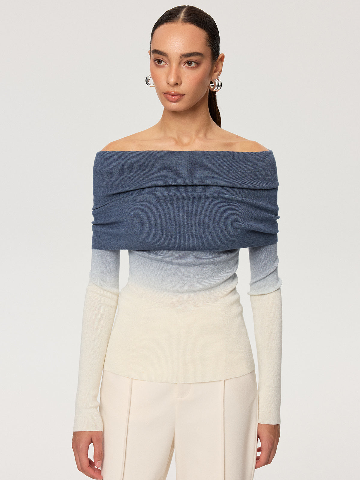 Off-Shoulder Ombre Wool Blend Knit Top for Women, Stylish Casual Sweater