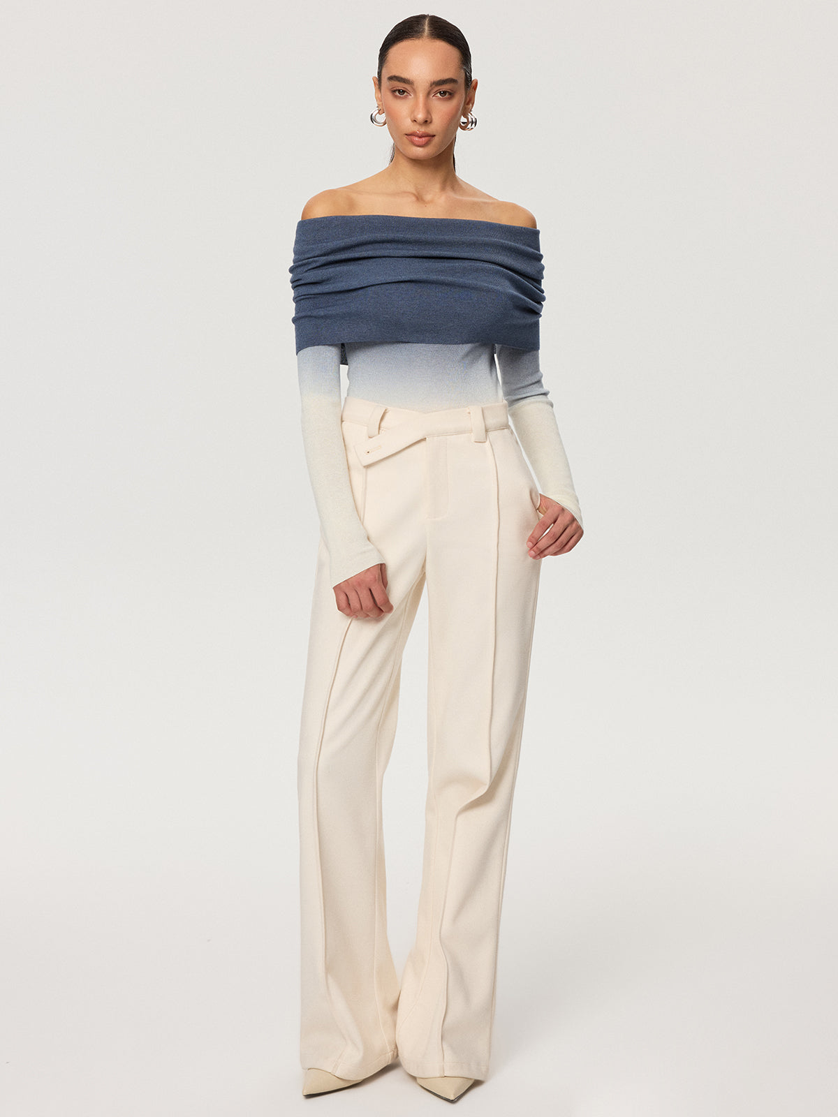Off-Shoulder Ombre Wool Blend Knit Top for Women, Stylish Casual Sweater