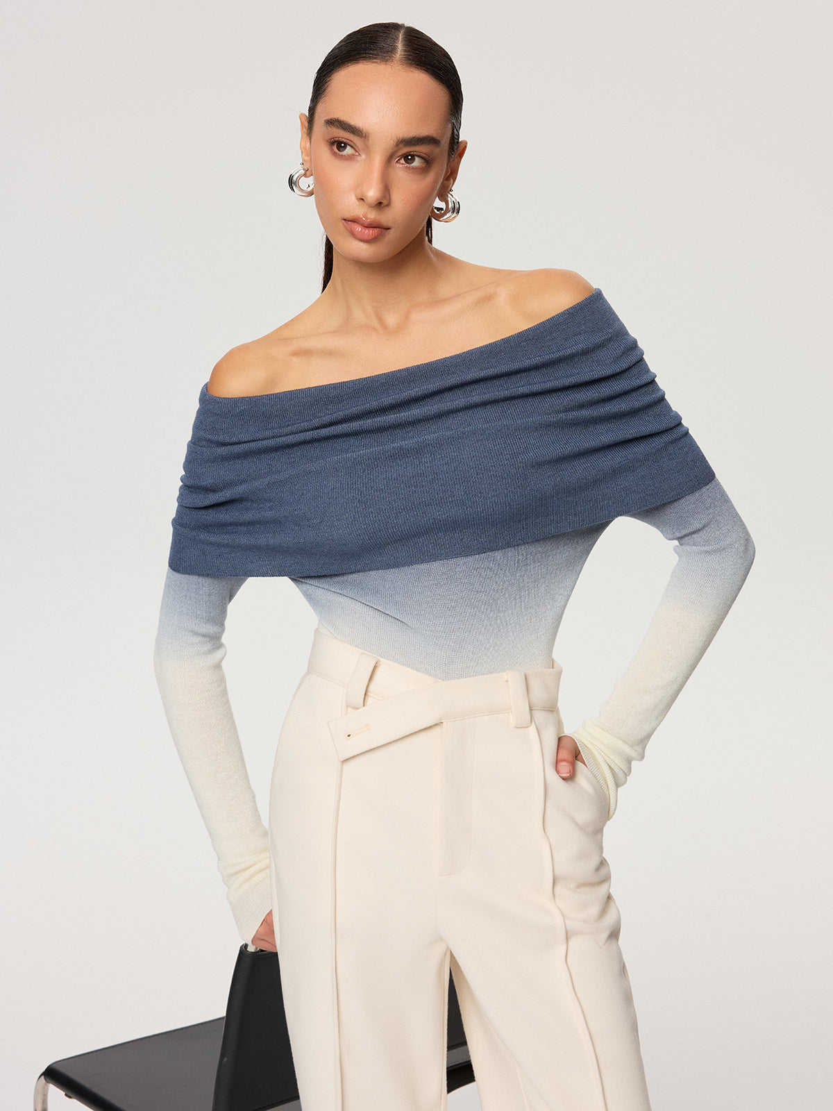 Off-Shoulder Ombre Wool Blend Knit Top for Women, Stylish Casual Sweater