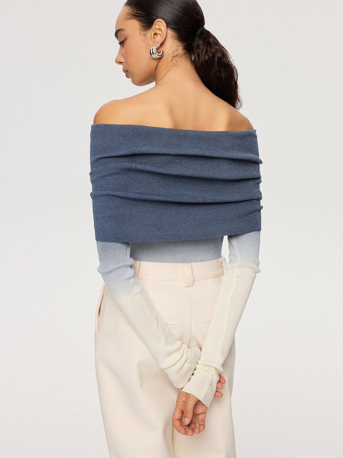 Off-Shoulder Ombre Wool Blend Knit Top for Women, Stylish Casual Sweater