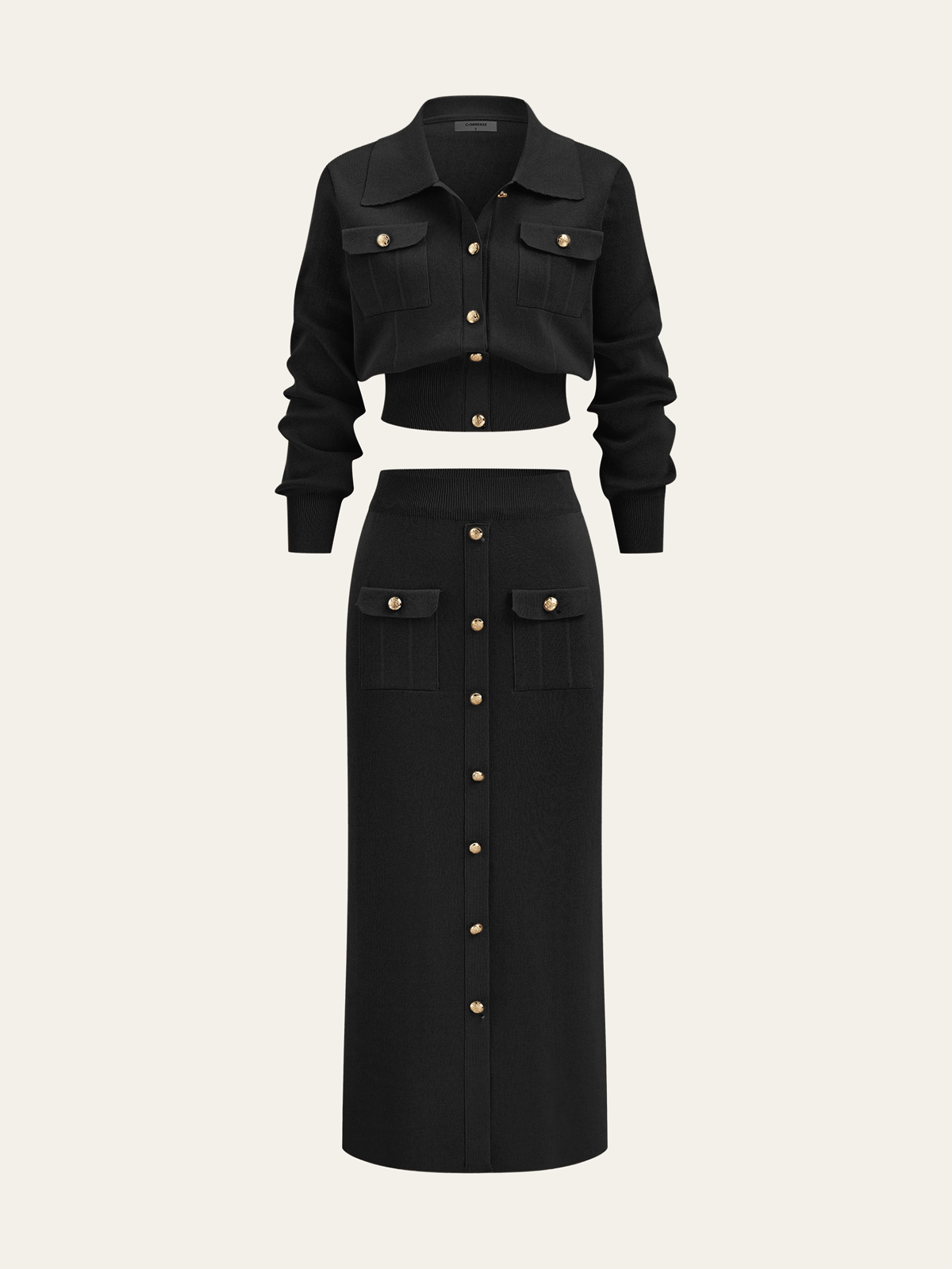 Metal Button Collared Cardigan and Midi Skirt Set - Trendy Women's Autumn Outfit