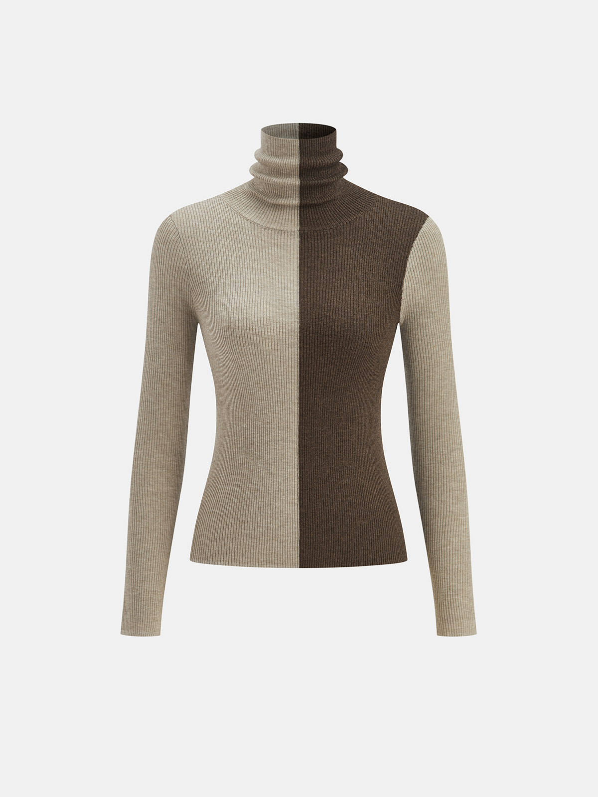 Two-Tone Turtleneck Ribbed Knit Top - Fashionable Stretch Fit Comfort Style