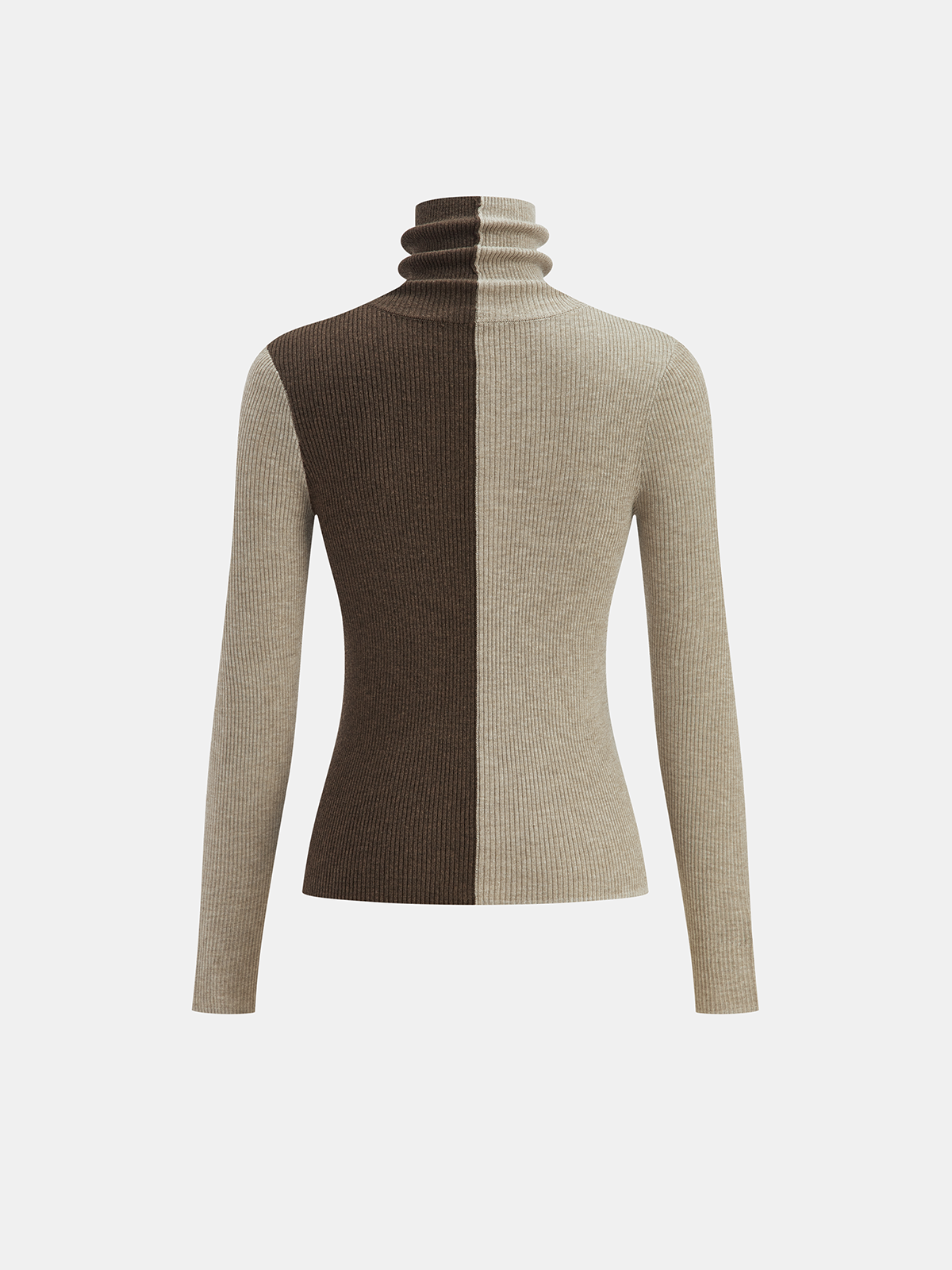 Two-Tone Turtleneck Ribbed Knit Top - Fashionable Stretch Fit Comfort Style