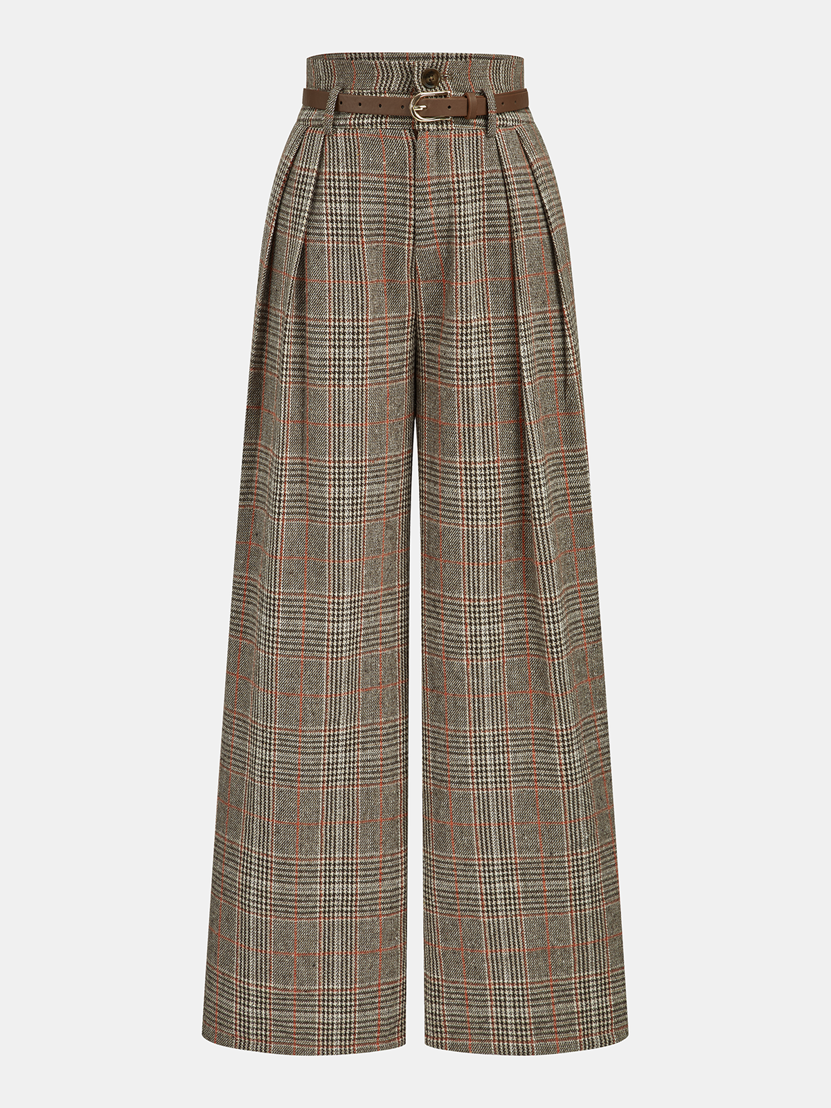 Belted Plaid High-Waisted Pants with Classic Design for Women