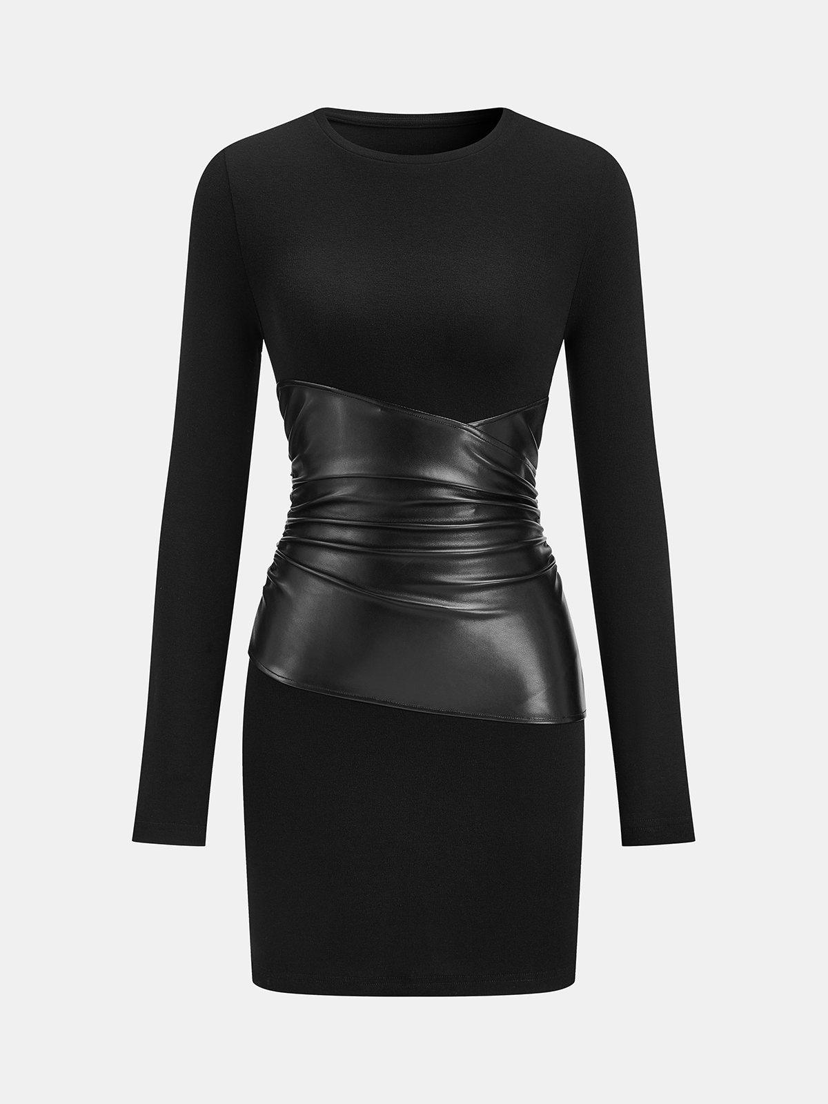 PU Leather Panel Long Sleeve Knit Dress for Women, Comfort Fit