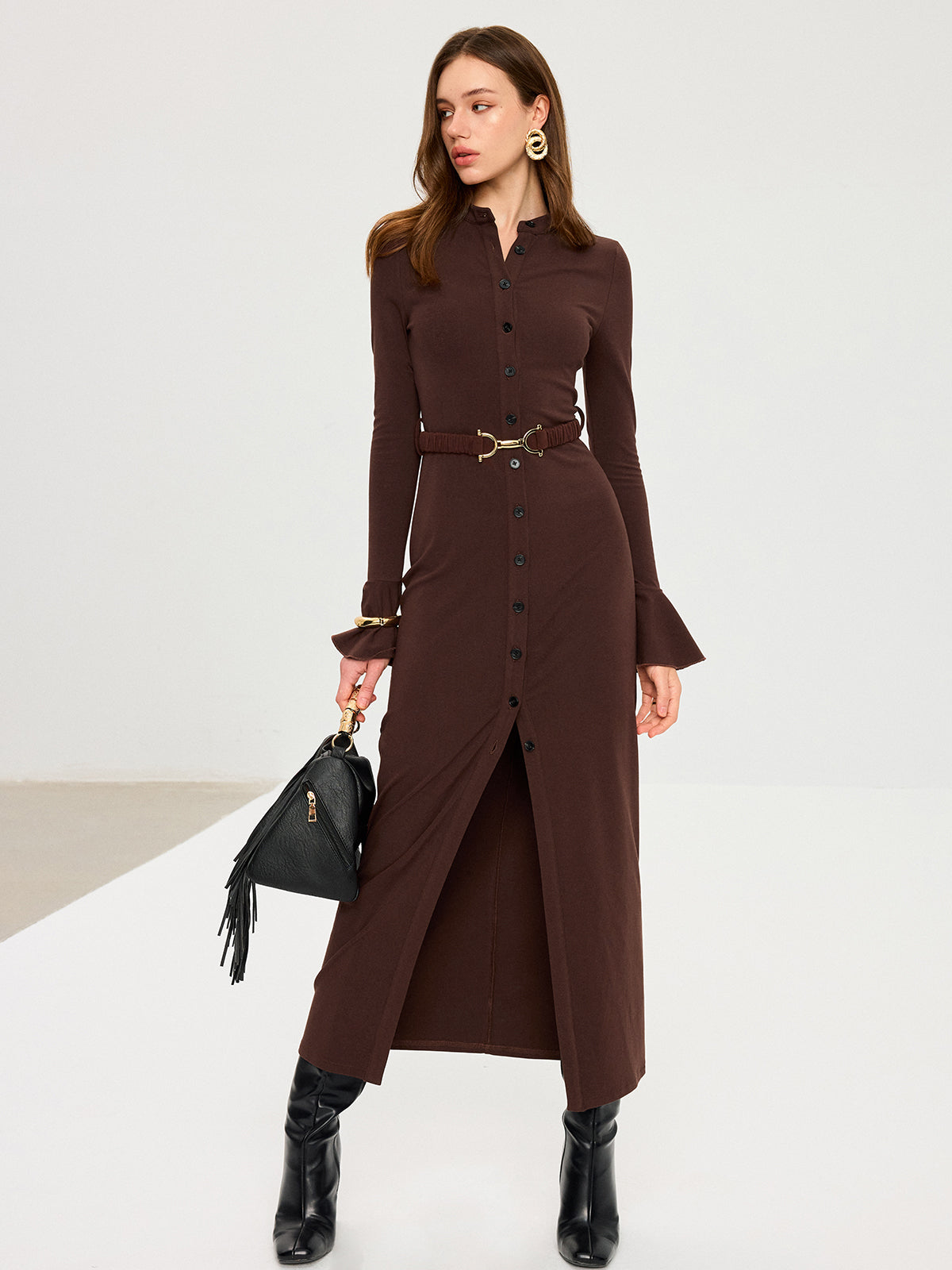 Flared Cuff Button-Front Maxi Dress Elegant Long Sleeve Evening Wear