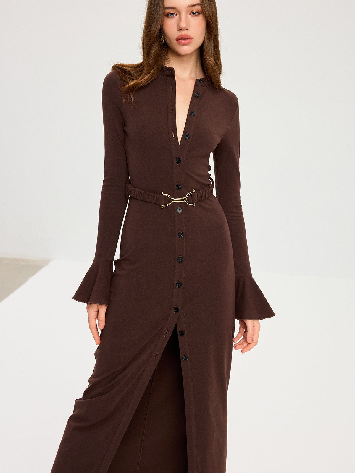 Flared Cuff Button-Front Maxi Dress Elegant Long Sleeve Evening Wear