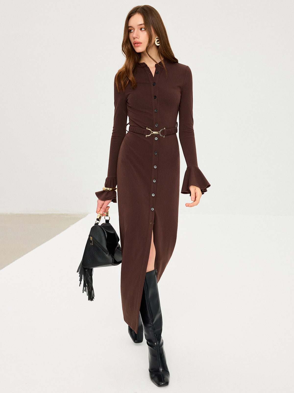 Flared Cuff Button-Front Maxi Dress Elegant Long Sleeve Evening Wear