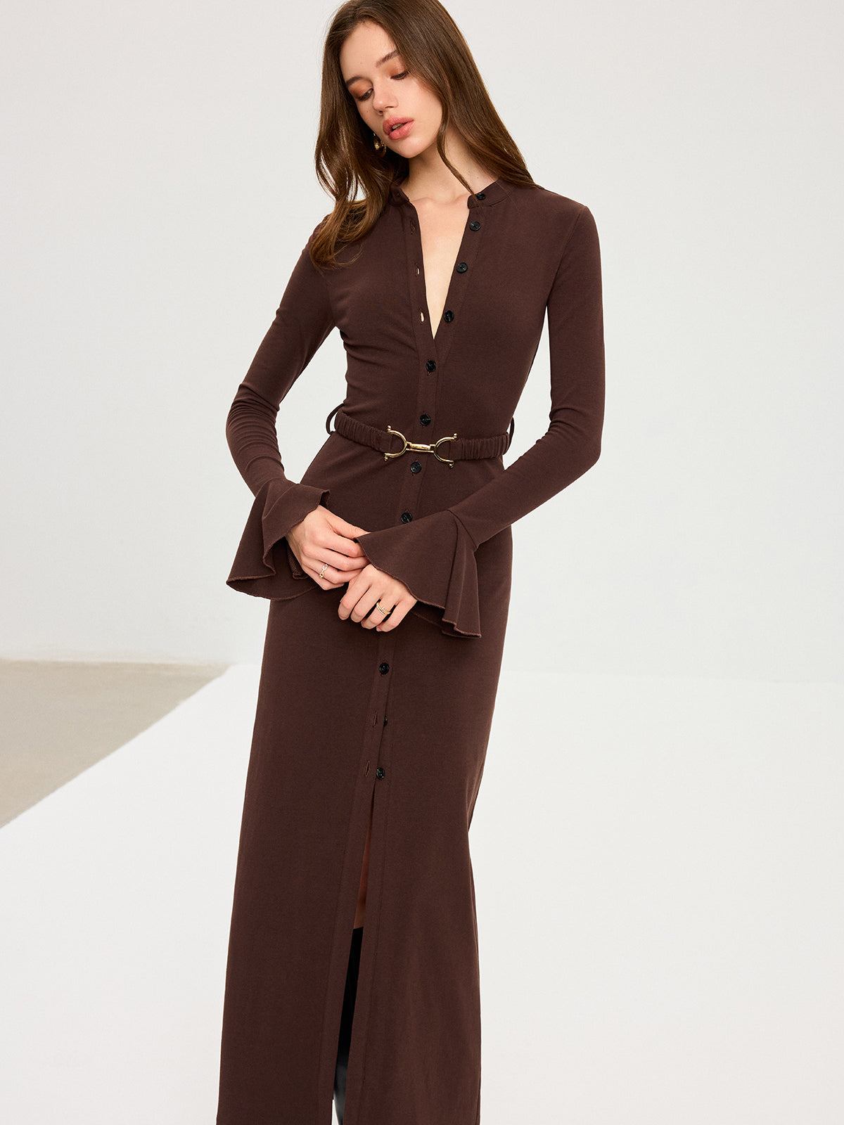 Flared Cuff Button-Front Maxi Dress Elegant Long Sleeve Evening Wear