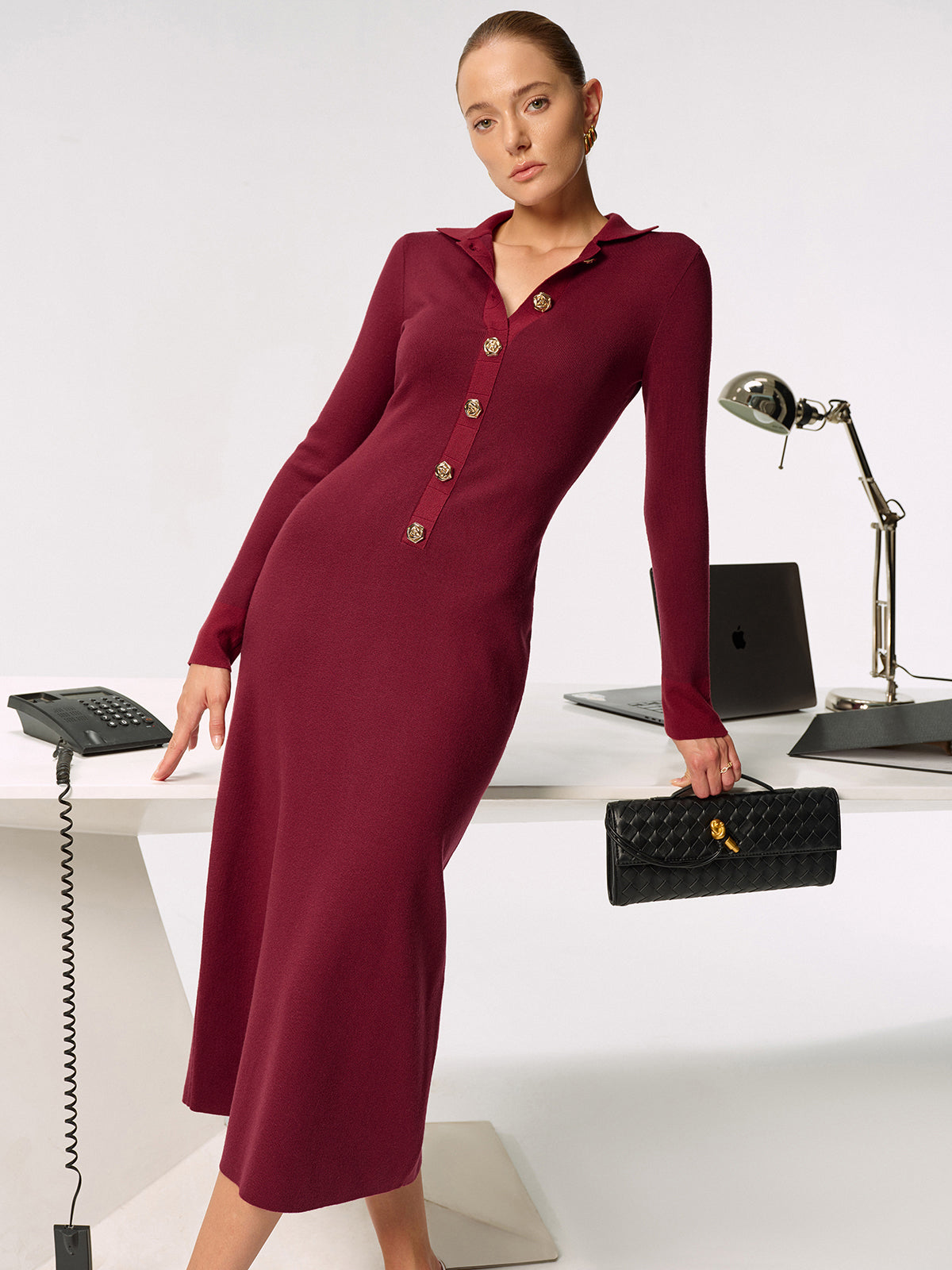 Shirt Collar Metal Button Knit Maxi Dress - Elegant Long Sleeve Evening Wear