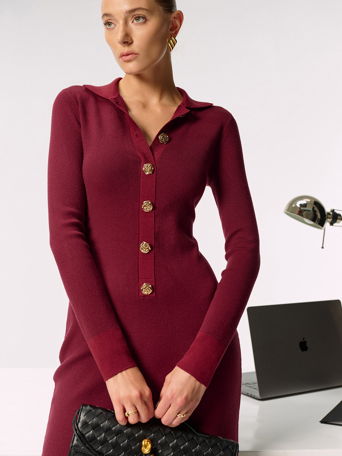 Shirt Collar Metal Button Knit Maxi Dress - Elegant Long Sleeve Evening Wear