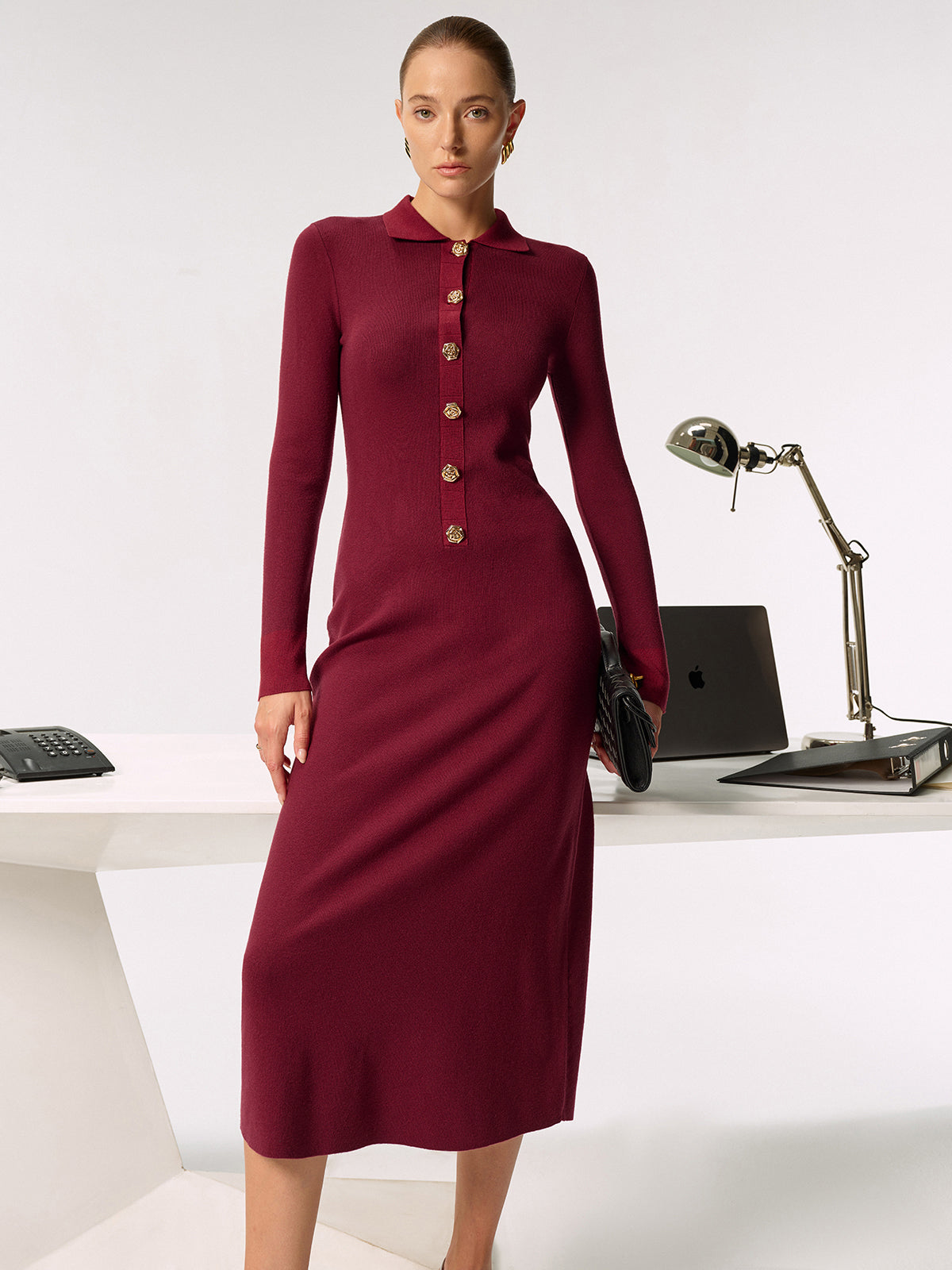 Shirt Collar Metal Button Knit Maxi Dress - Elegant Long Sleeve Evening Wear