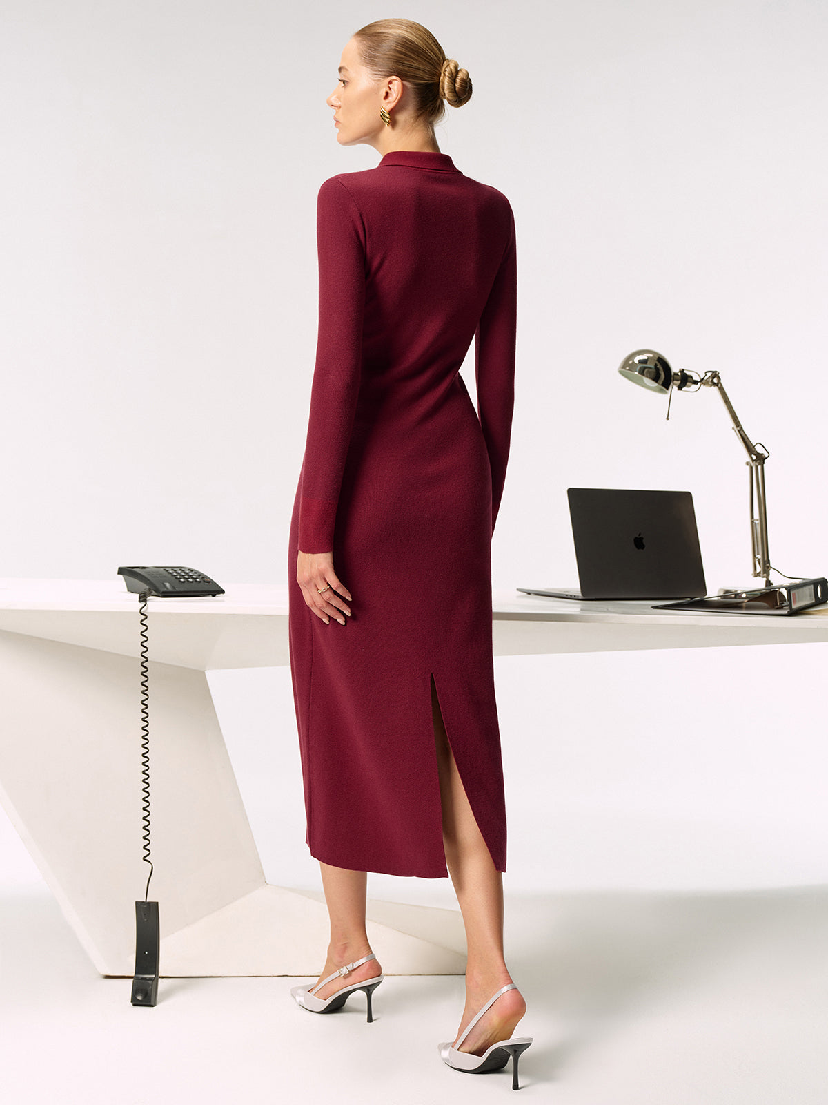 Shirt Collar Metal Button Knit Maxi Dress - Elegant Long Sleeve Evening Wear