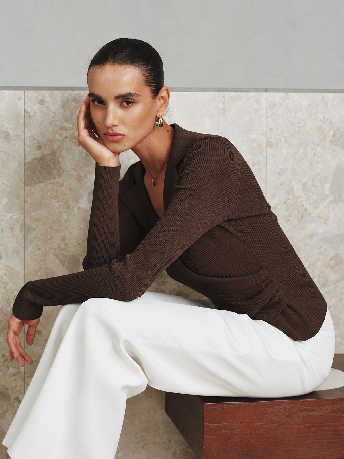 Ribbed Knit Collared Top for Women Casual Long Sleeve Sweater