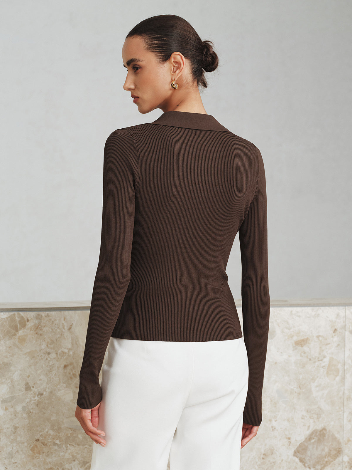 Ribbed Knit Collared Top for Women Casual Long Sleeve Sweater