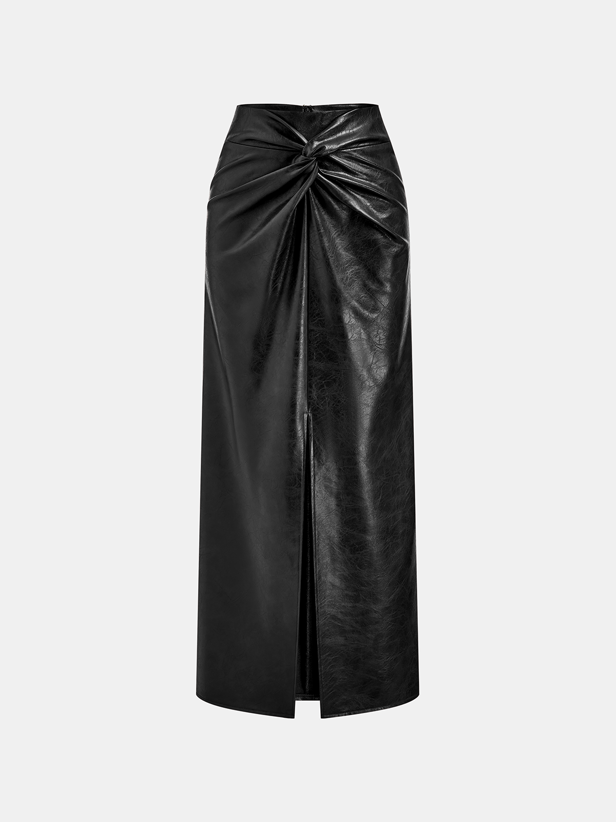 Knot Detail Slit Faux Leather Midi Skirt Women's Trendy High Waist