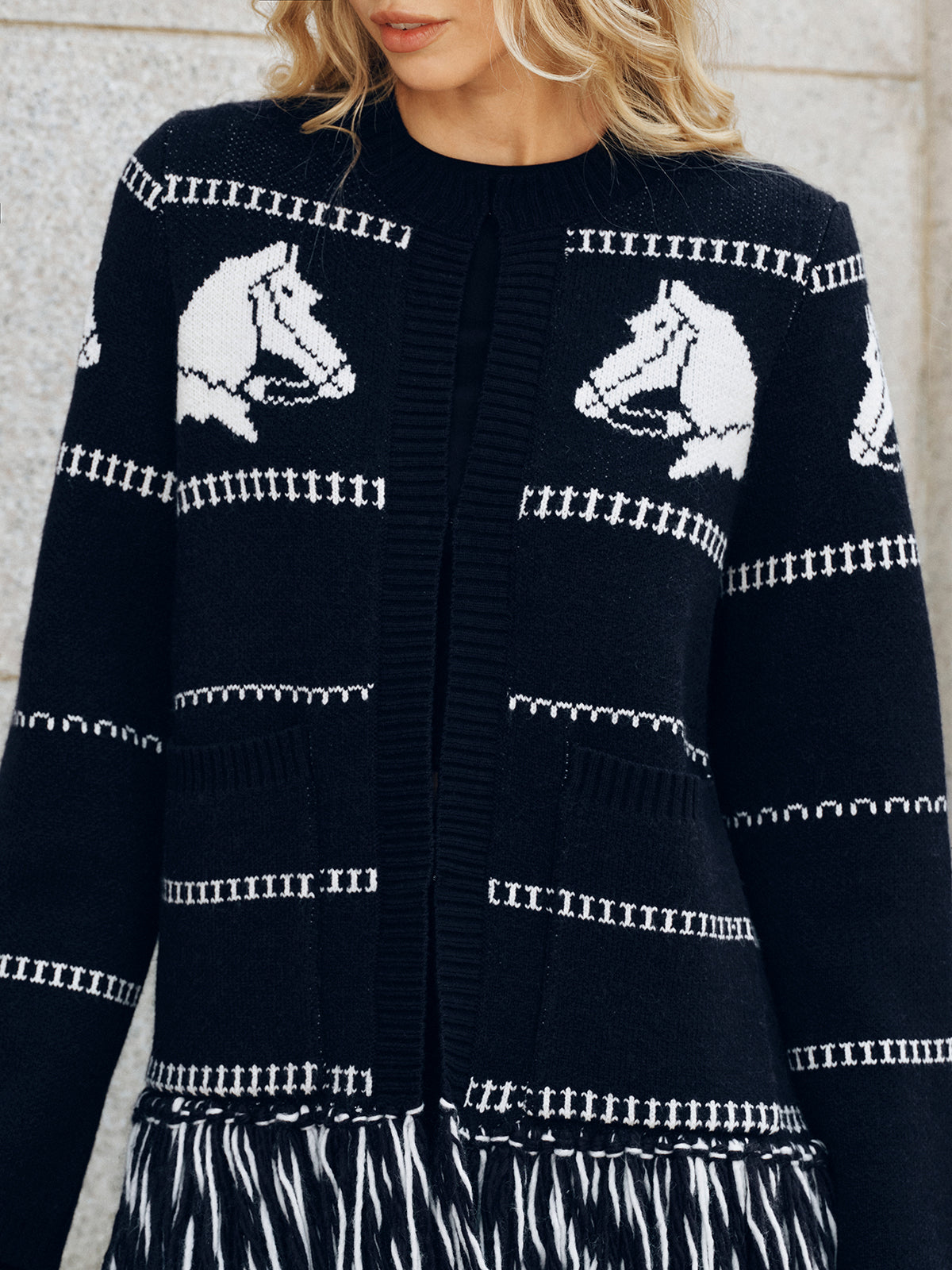 Horse-Pattern Wool Blend Fringe Cardigan with Pockets Comfort Fit