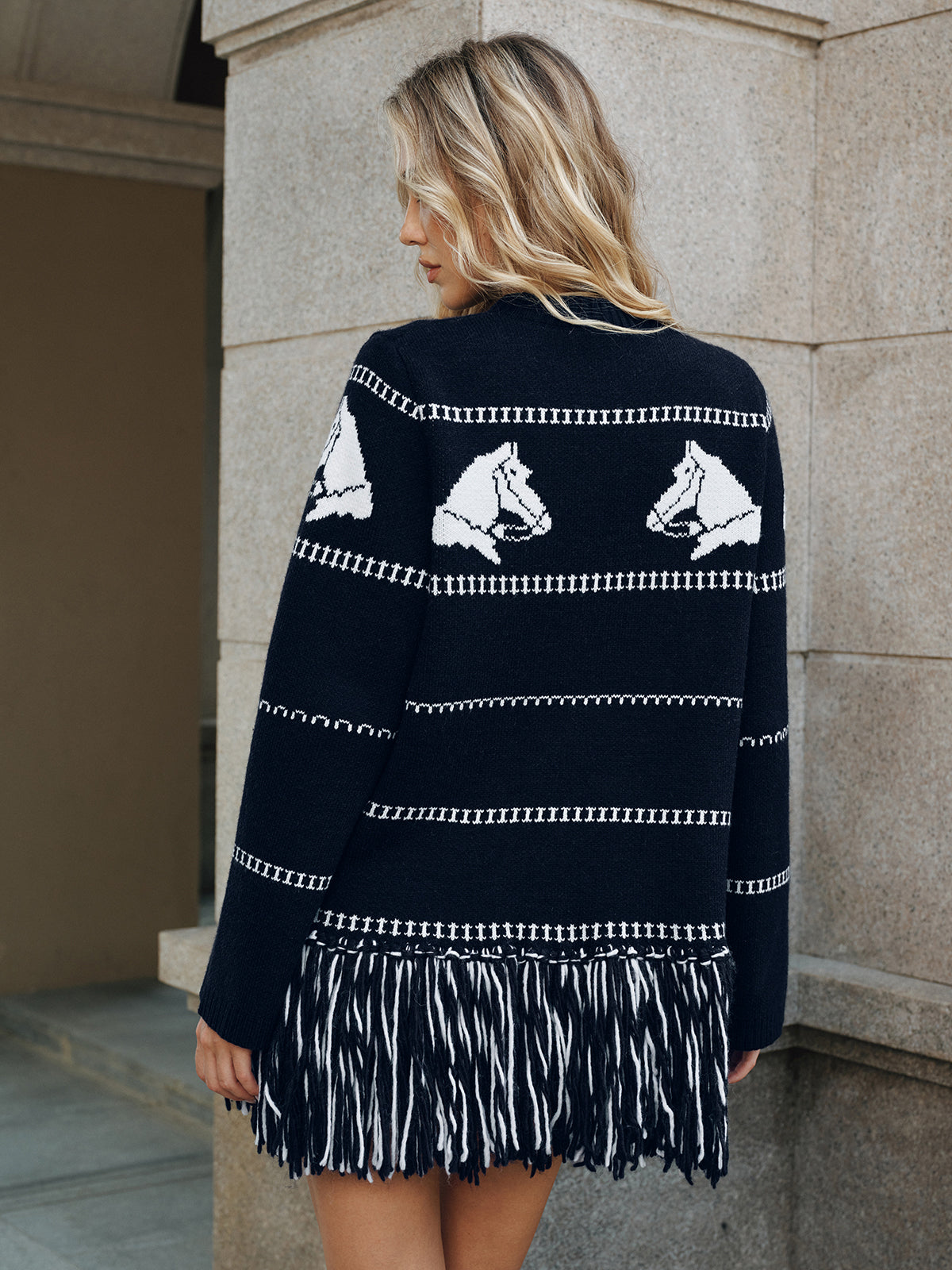 Horse-Pattern Wool Blend Fringe Cardigan with Pockets Comfort Fit