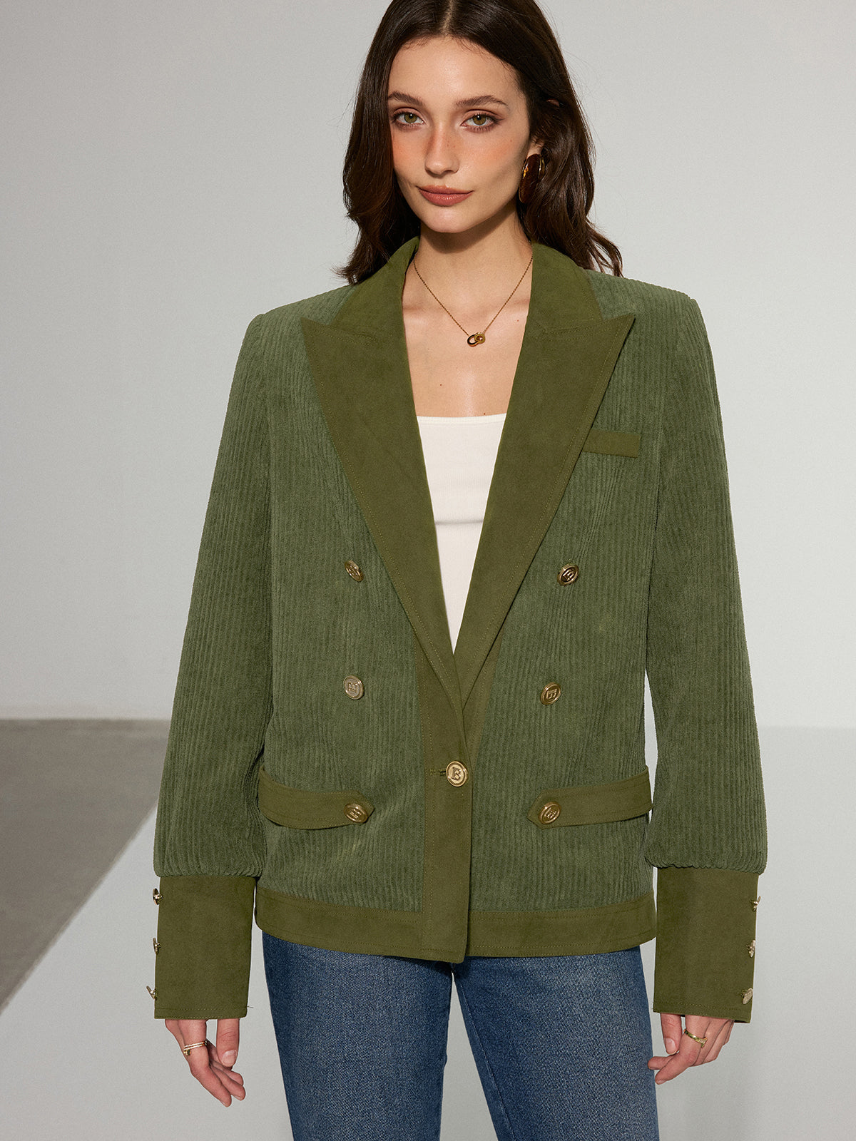 Corduroy Lapel Metal Button Blazer for Women Casual Office Wear