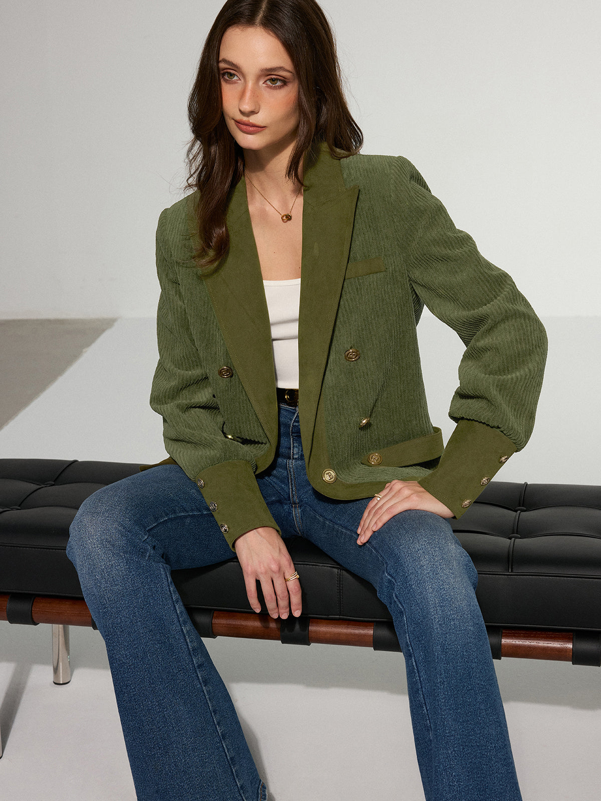 Corduroy Lapel Metal Button Blazer for Women Casual Office Wear
