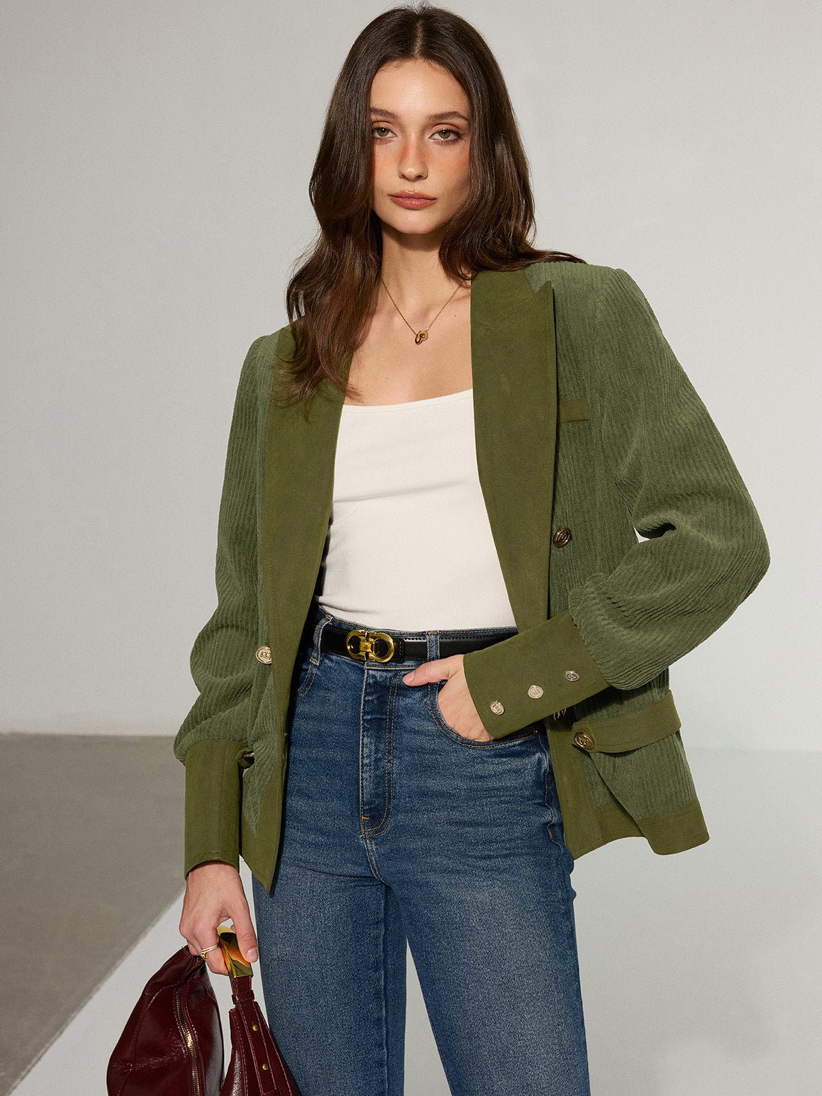 Corduroy Lapel Metal Button Blazer for Women Casual Office Wear
