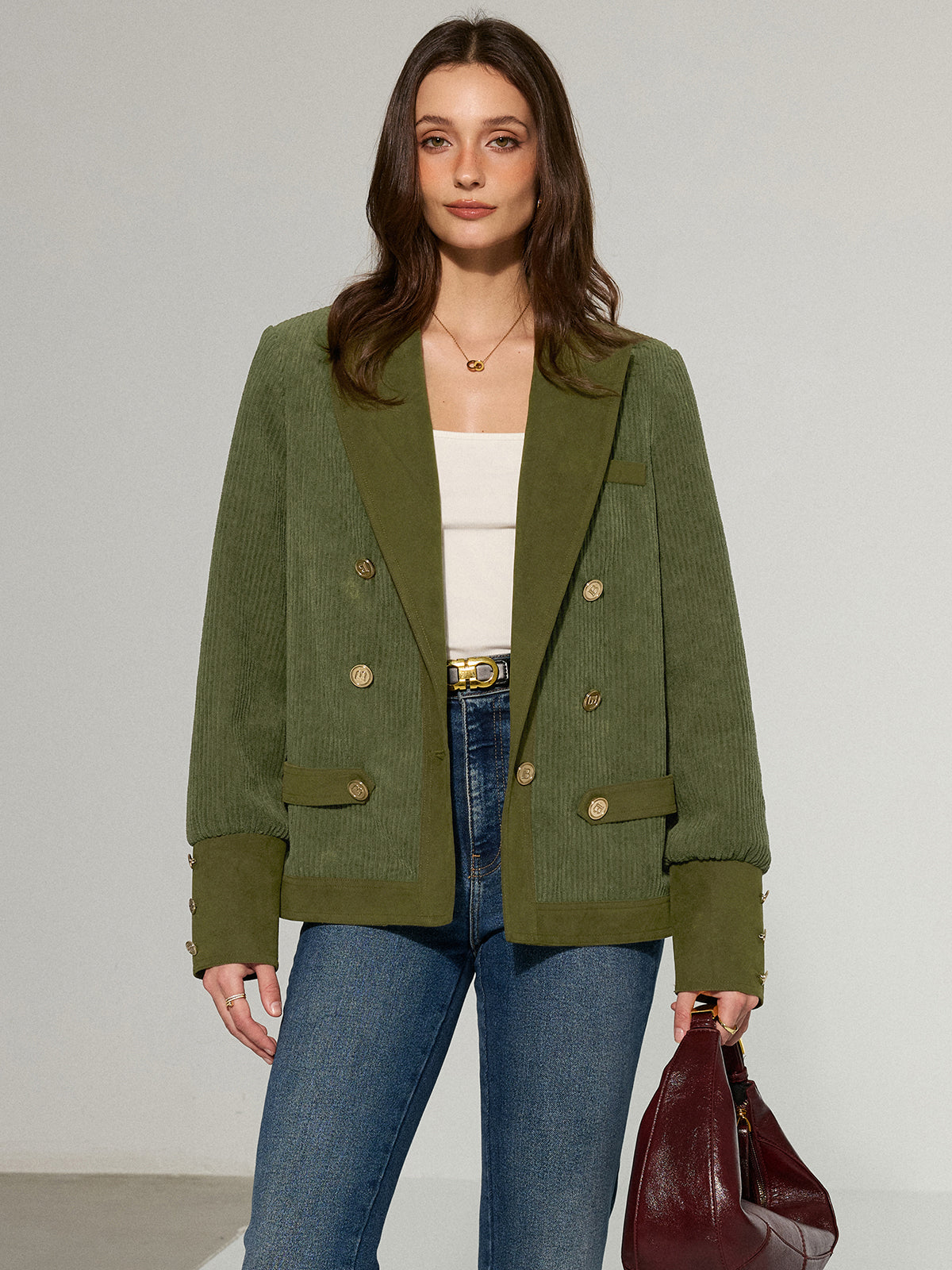 Corduroy Lapel Metal Button Blazer for Women Casual Office Wear