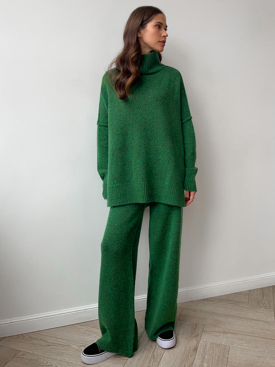 Plain Turtleneck Knit Pants Set - Cozy Winter Loungewear for Women