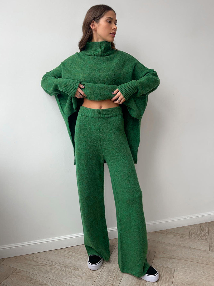 Plain Turtleneck Knit Pants Set for Women Comfortable Winter Lounge Wear