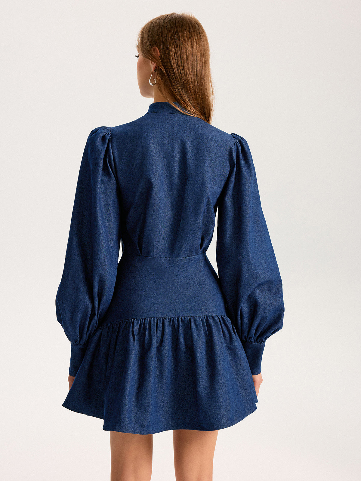 Denim Stand Collar Puff Sleeve Mini Dress for Women, Casual Style